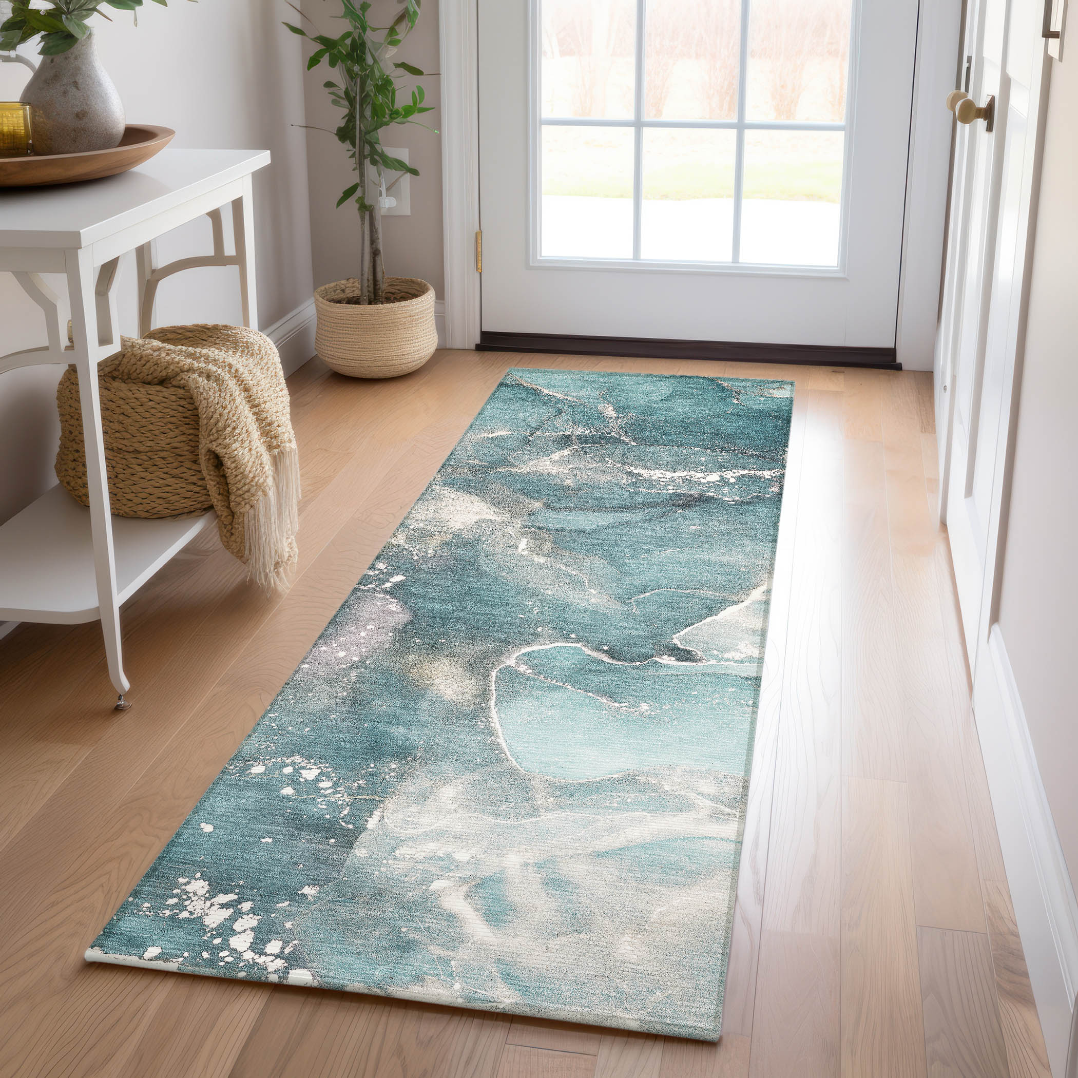 Teal Flat Woven Synthetic Indoor Outdoor Runner Rug