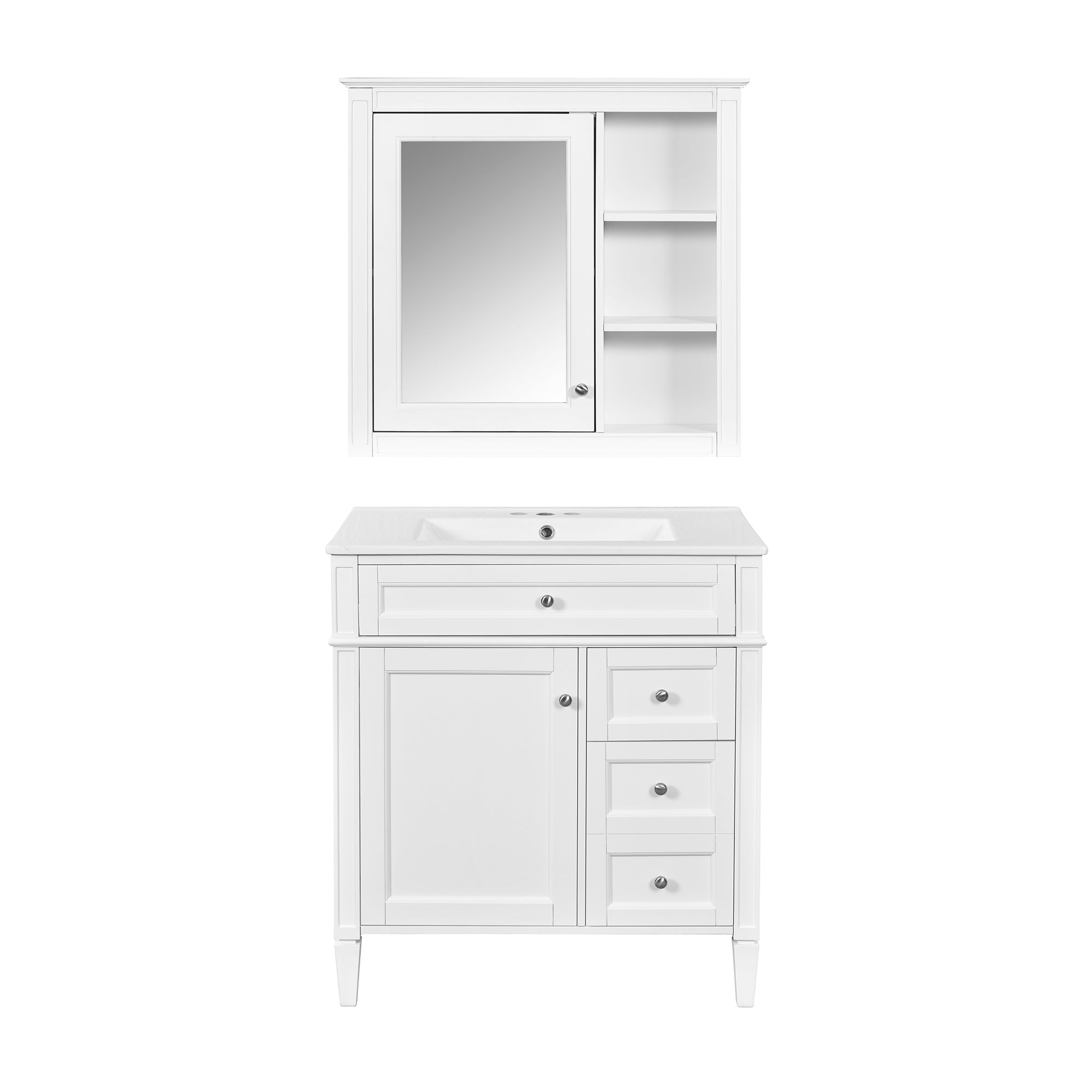 Tatayosi T127AAK-1 30 Inch Bathroom Vanity with Top Sink Modern Bathroom Storage Cabinet with 2 Drawers and a Tip out Drawer Freestanding Vanity Set with Mirror Cabinet Single Bathroom Vanity