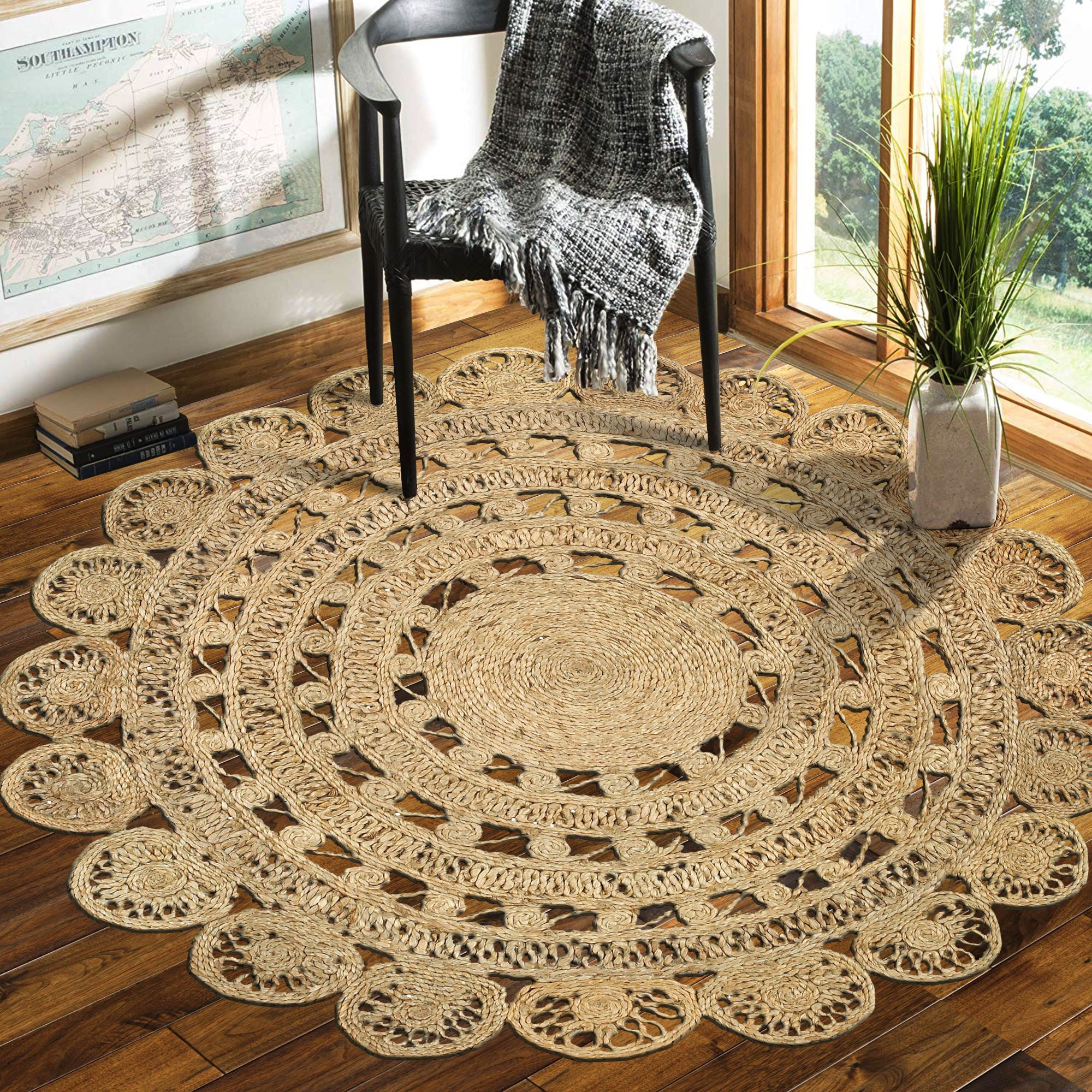 Handmade Natural Jute Braided Round Area Rug, 4' x 4'