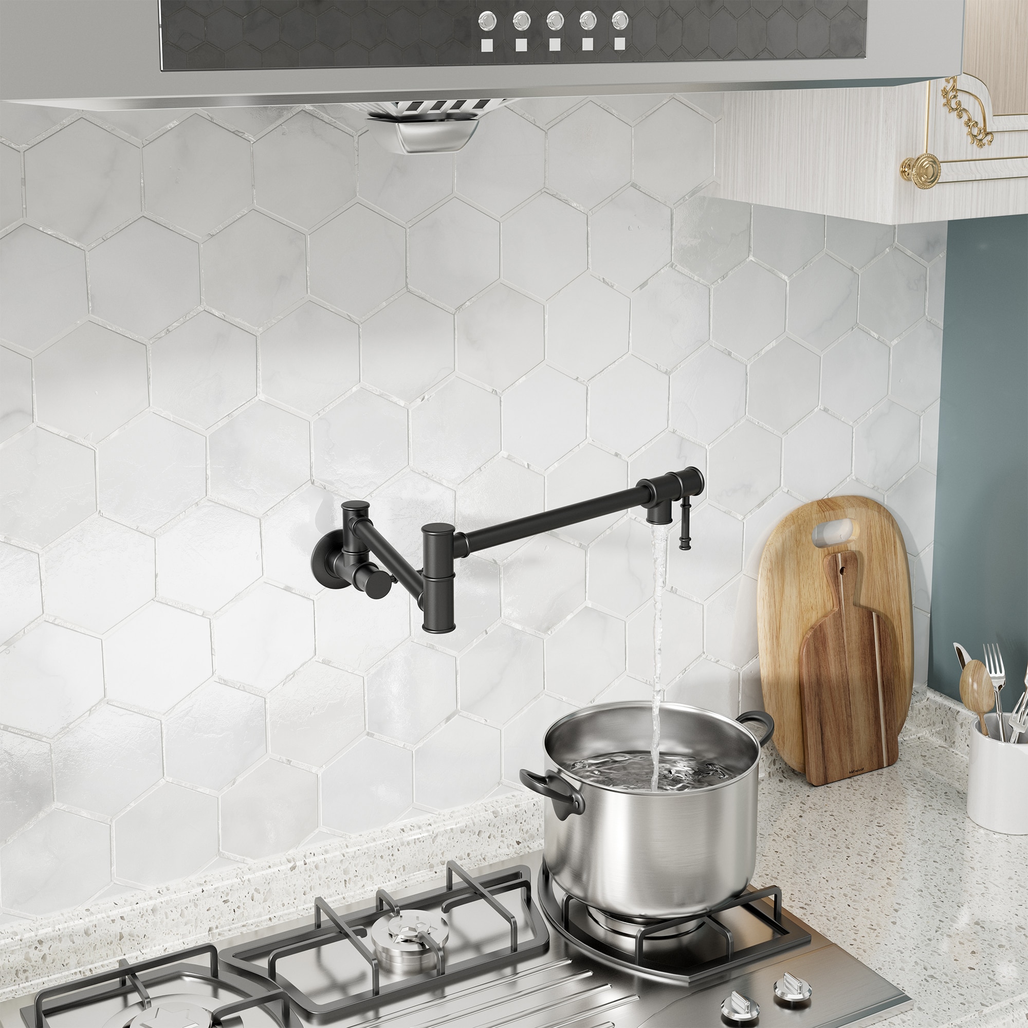 CASAINC CA-D4188-BG Matte Black Double Handle Wall-mount Pot Filler Kitchen Faucet
