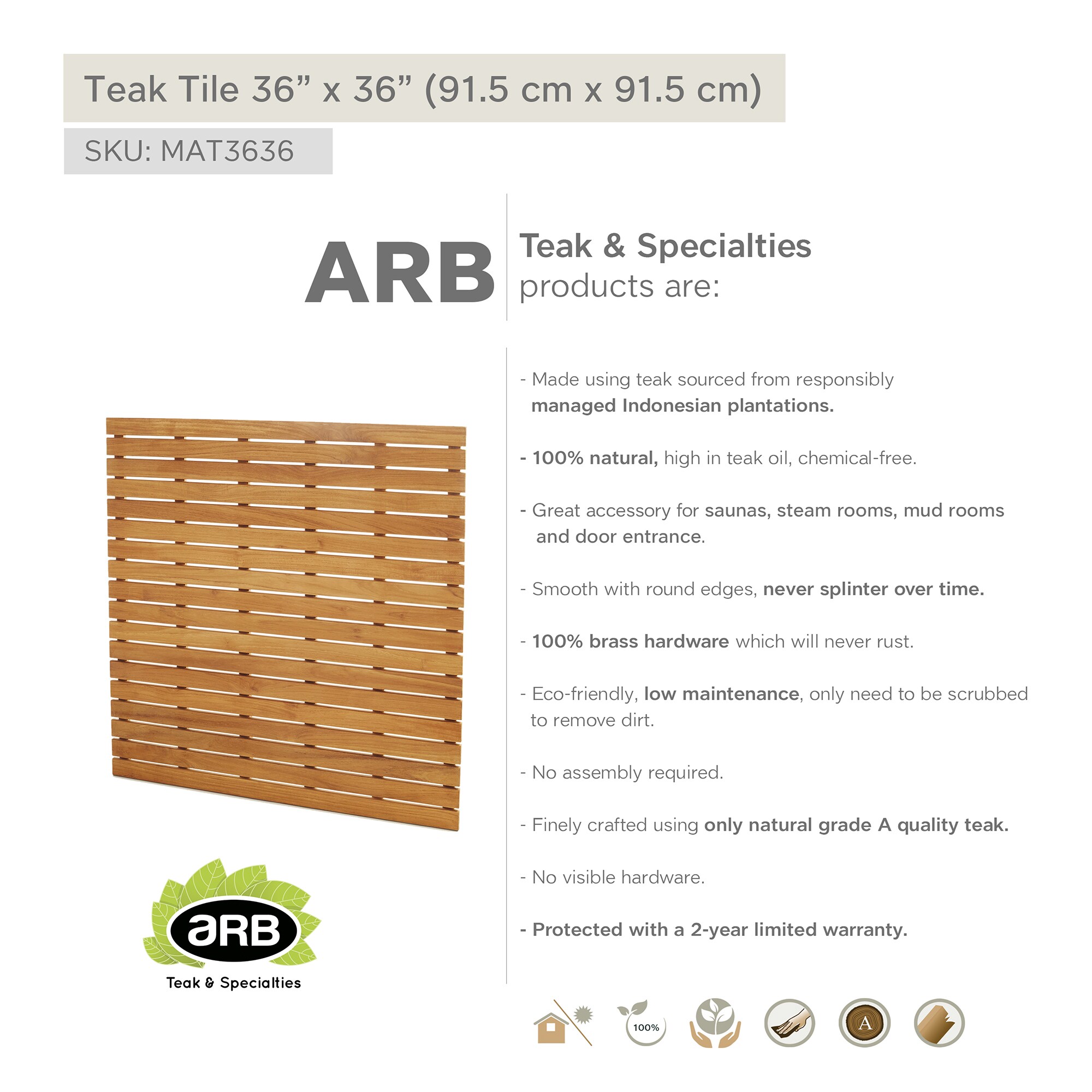 ARB 36" x 36" Natural Teak Shower Mat