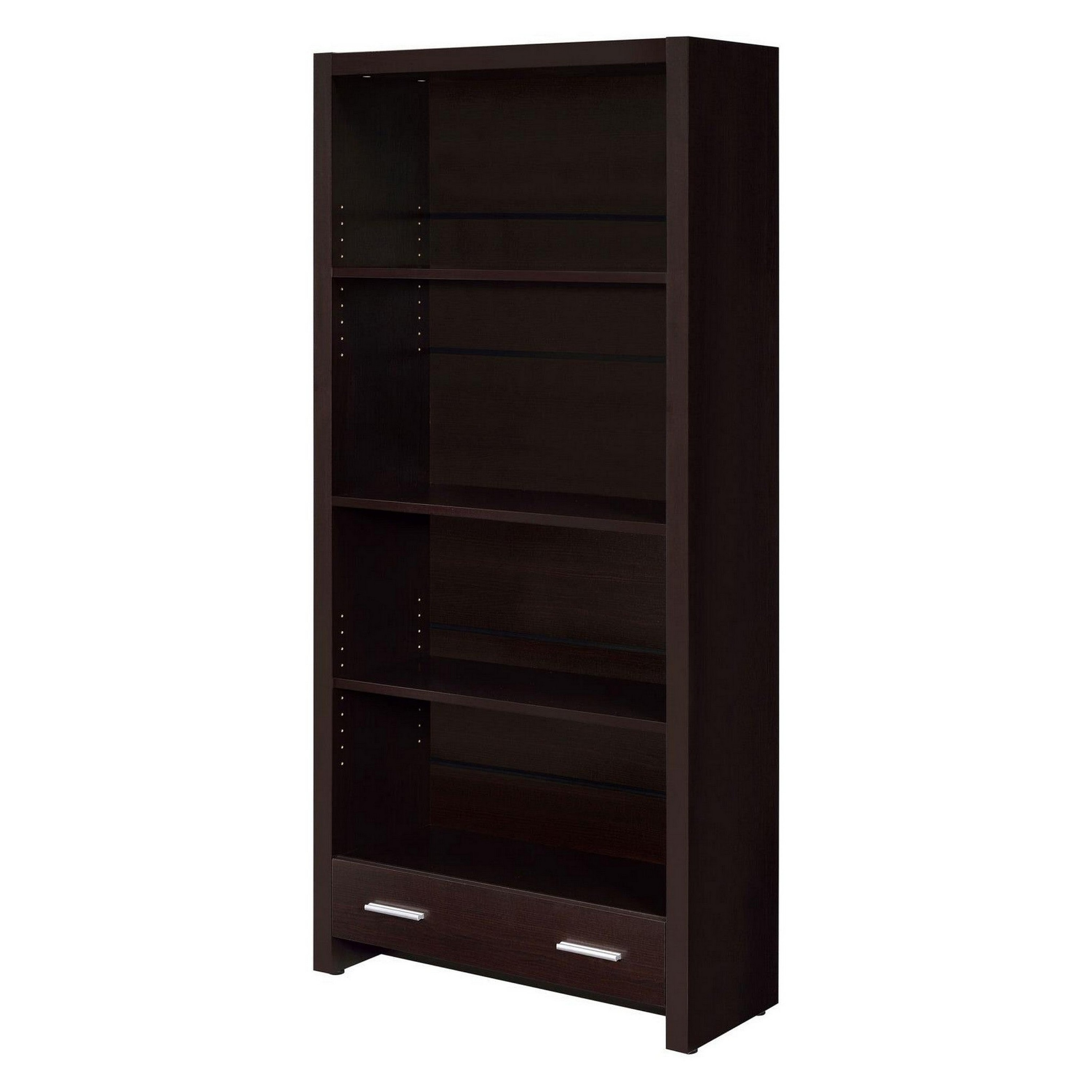 Transitional Solid Wood Bookcase with Shelves and Drawer in Dark Brown
