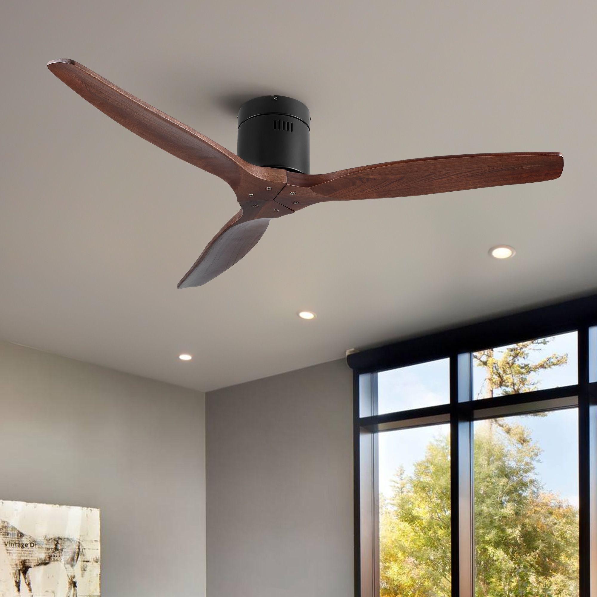 BABOOM BOM-P187068-OR 52-in Flush Mount Black with Brown Blades Ceiling Fan Without Light - Remote Included ( 3 -Blade )