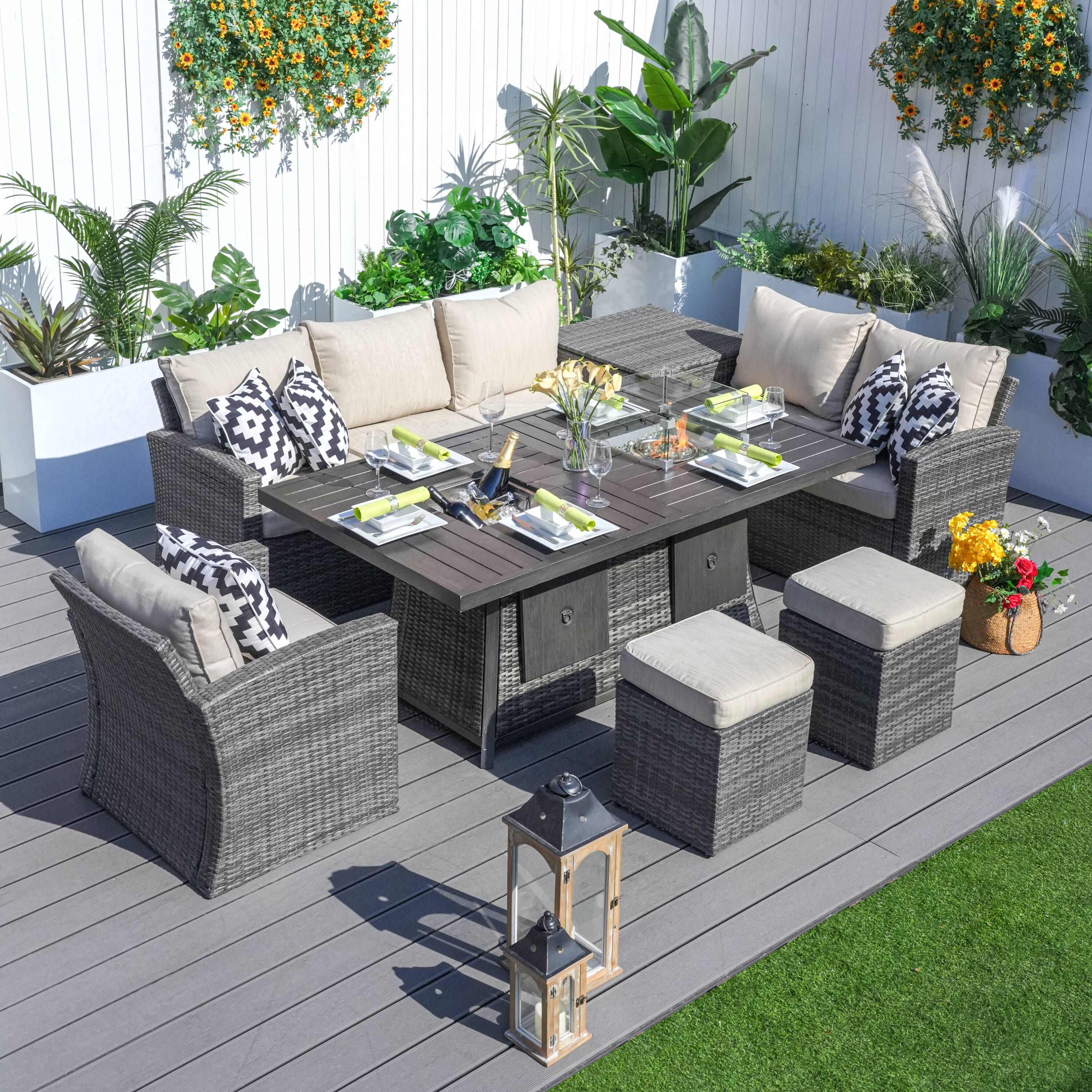 Direct Wicker DWG-1403B&06FI-GR 6 -Piece Gray Wicker Patio Dining Set Aluminum Rectangle Table with 5 Gray Cushions Stationary Chairs Fire Pit Included