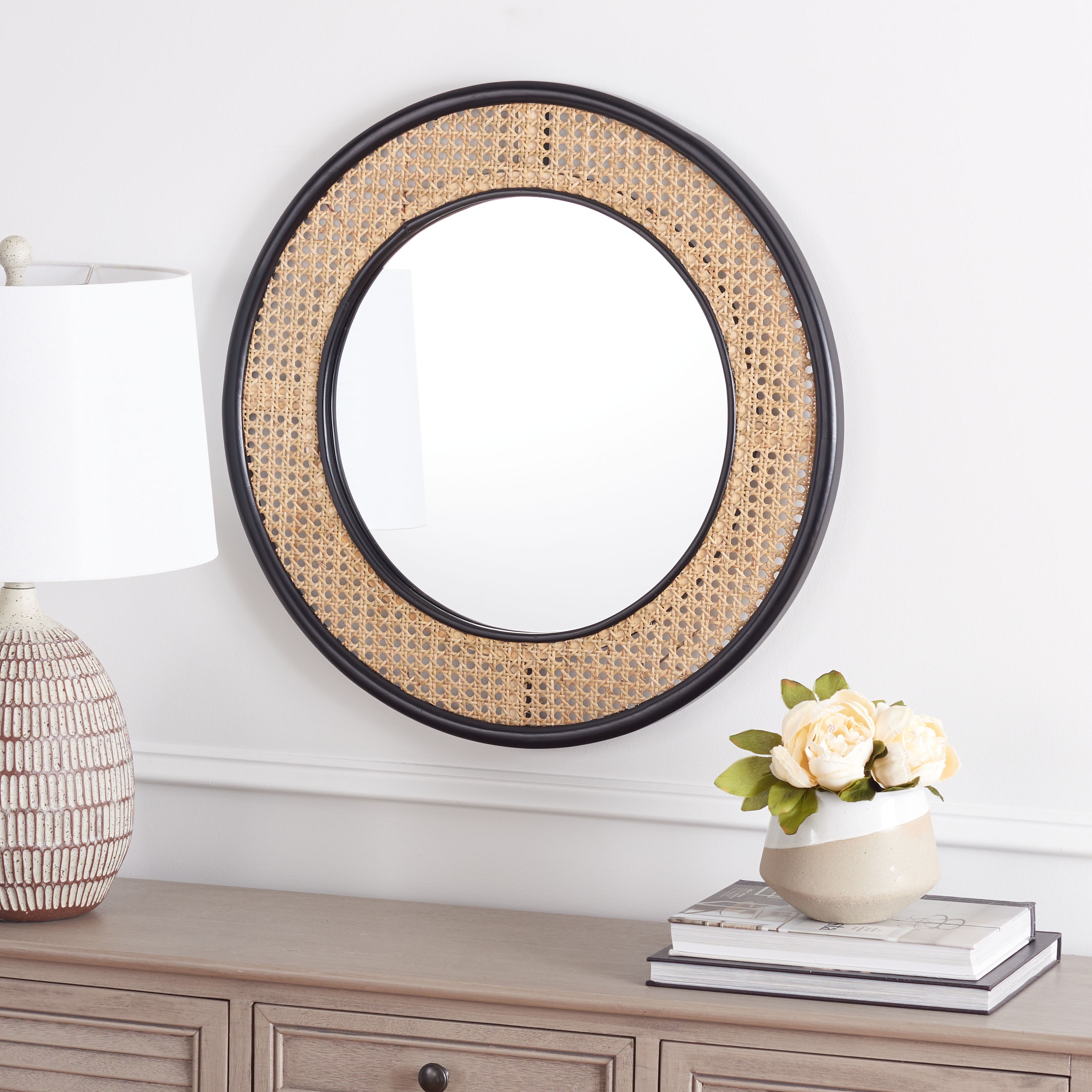 Safavieh MRR2021A Byleth 23.6 W x 23.6 H Round Black/Natural Beveled Wall Mirror