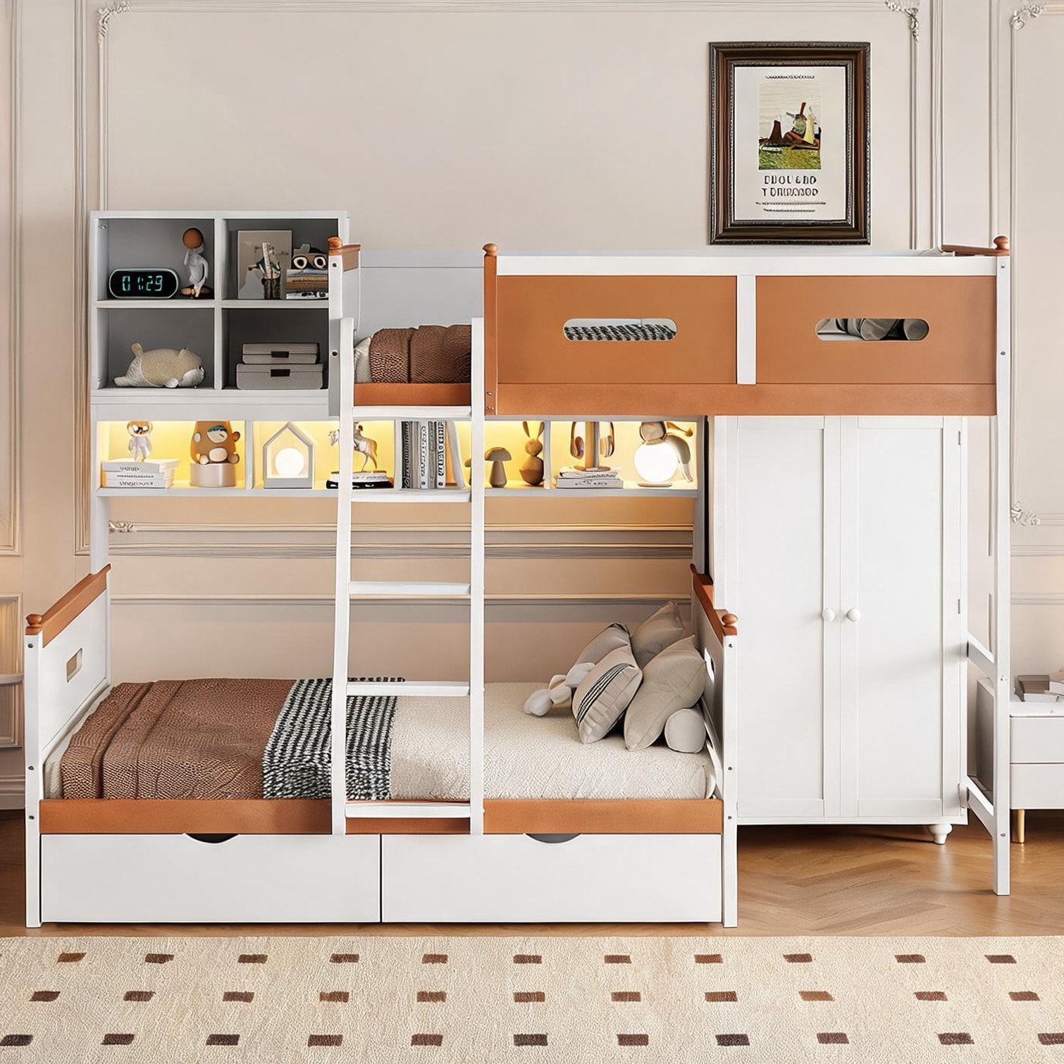 Watnature White Wood Twin Over Full Bunk Bed with Storage Wardrobe and ...