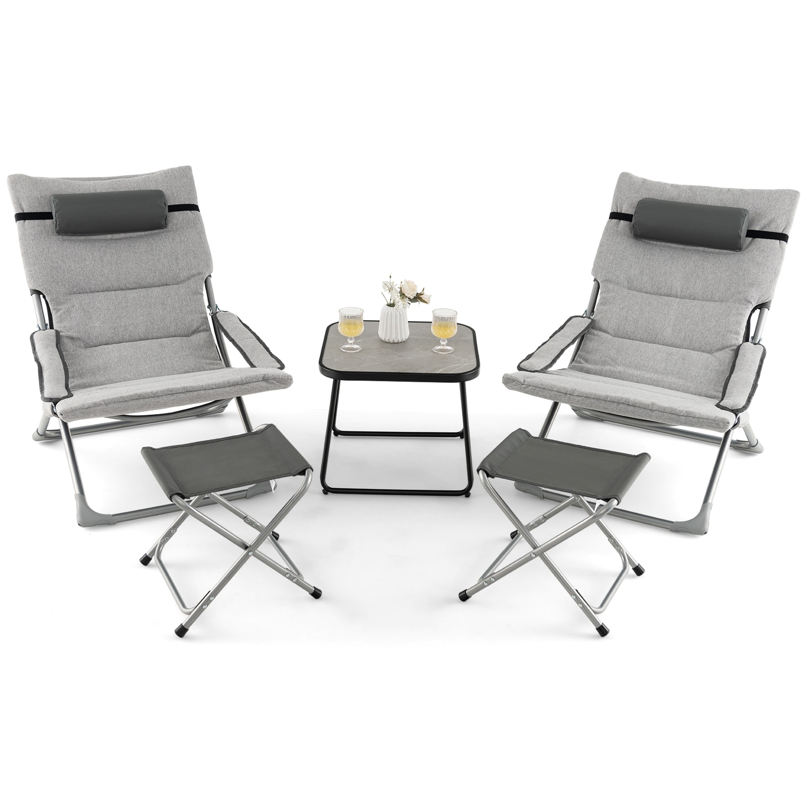 Volenca - 5-Piece Steel Patio Folding Sling Chair Conversation Set with 2 Footrests Coffee Table ...