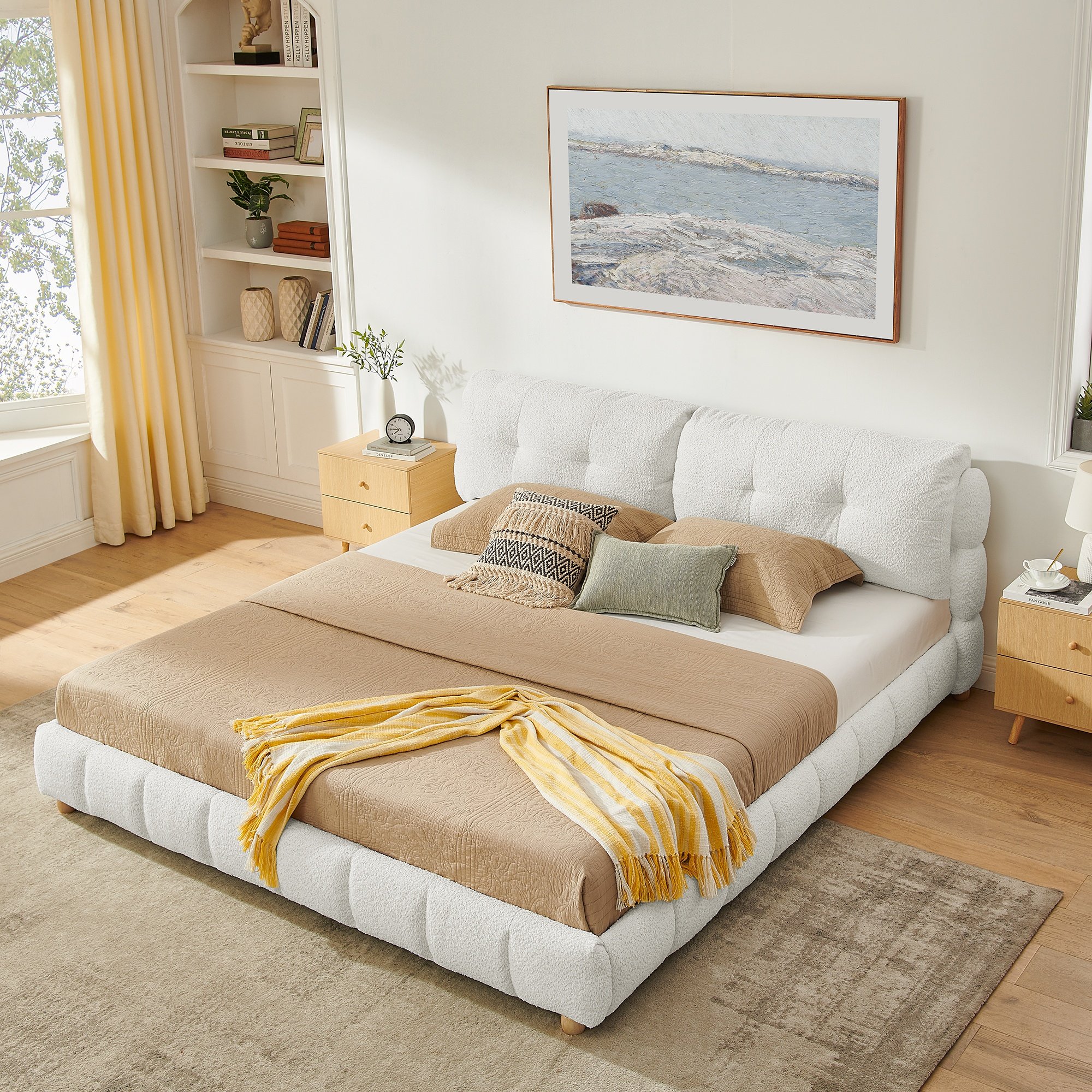 Horizons Prime - King Cream Beige Boucle Fabric Platform Bed with Tufted Cloud Headboard and Soli...
