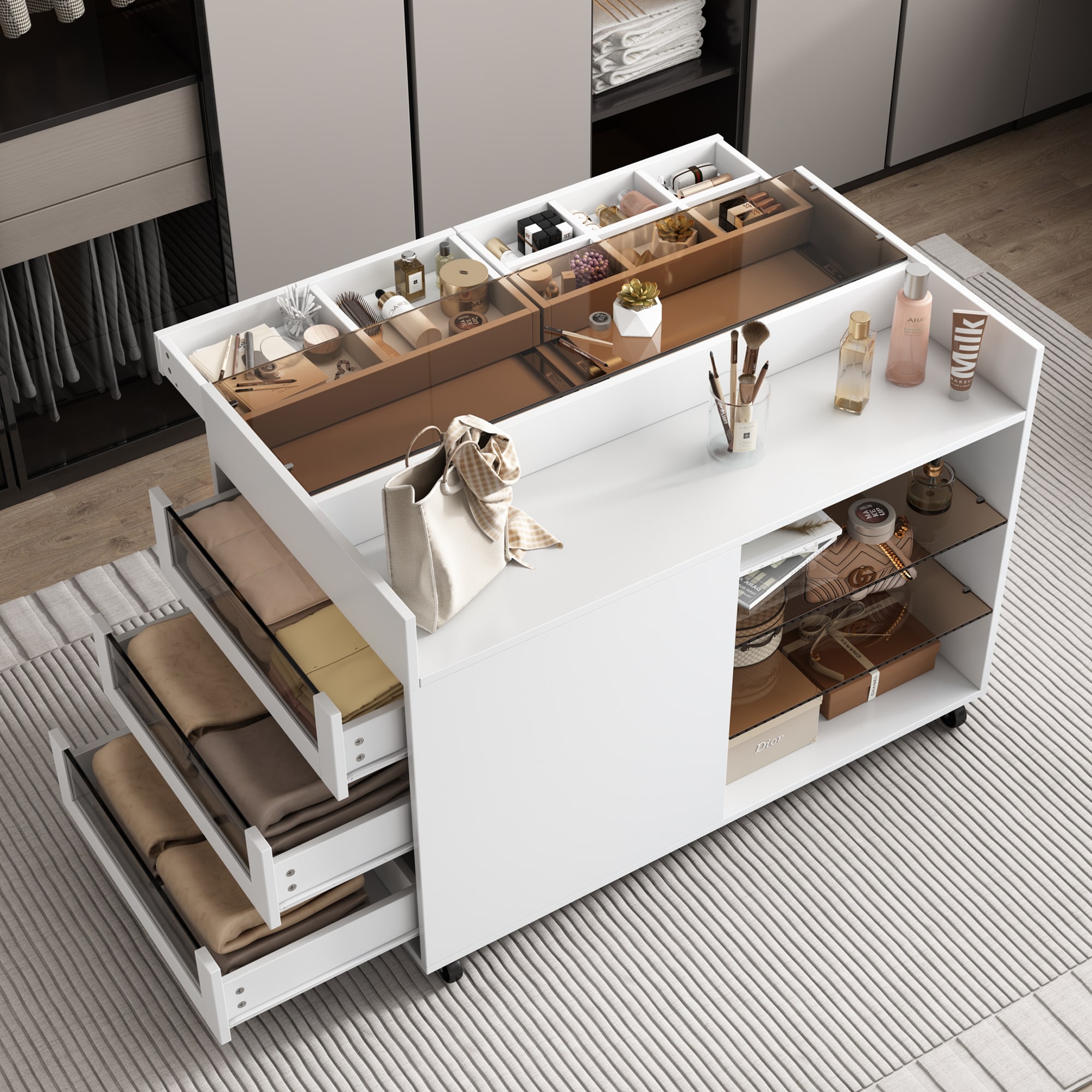 LOVMOR SF-L-N719S001740K 43 inch Multi functional Storage Island Movable Storage Cabinet Island Vanity Dresser with 3 Side Storage Drawer
