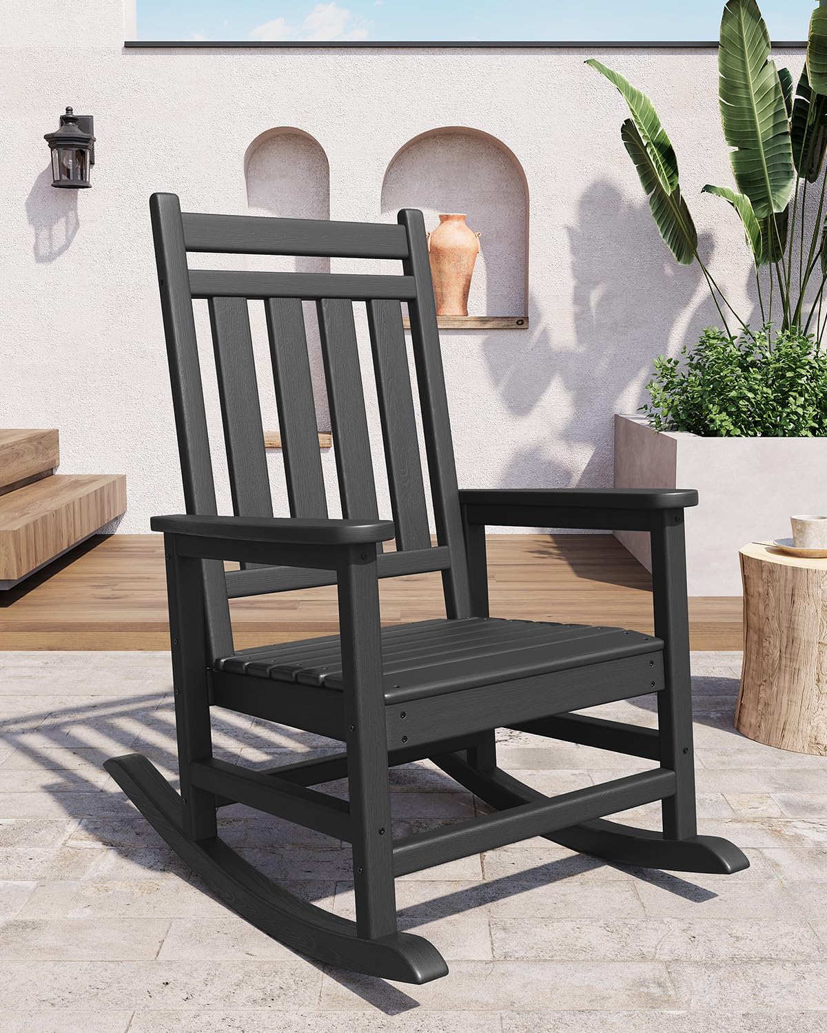 Qeetex CHAIRPPG-5MHW Poly Lumber Outdoor Rocking Chair HDPE High Density Polyethylene Weather Resistant Adirondack Chair Wide Ergonomic Backrest Sturdy Comfortable Lightweight For Patio Garden Black
