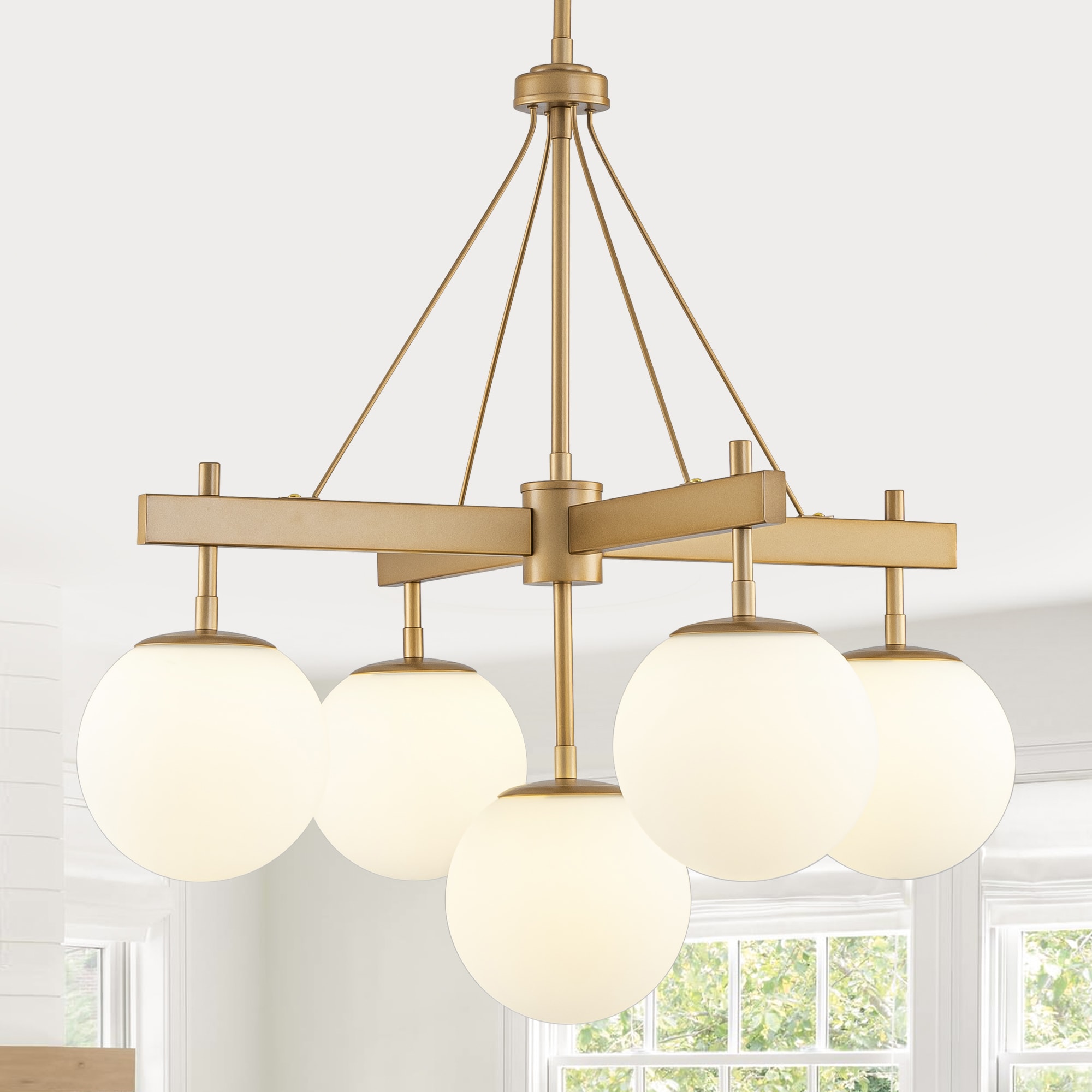 HLJYNJM Mid Century Modern Gold 5-Light Chandelier Milk White Glass Globe G9 Ceiling Light for Dining Kitchen Foyer