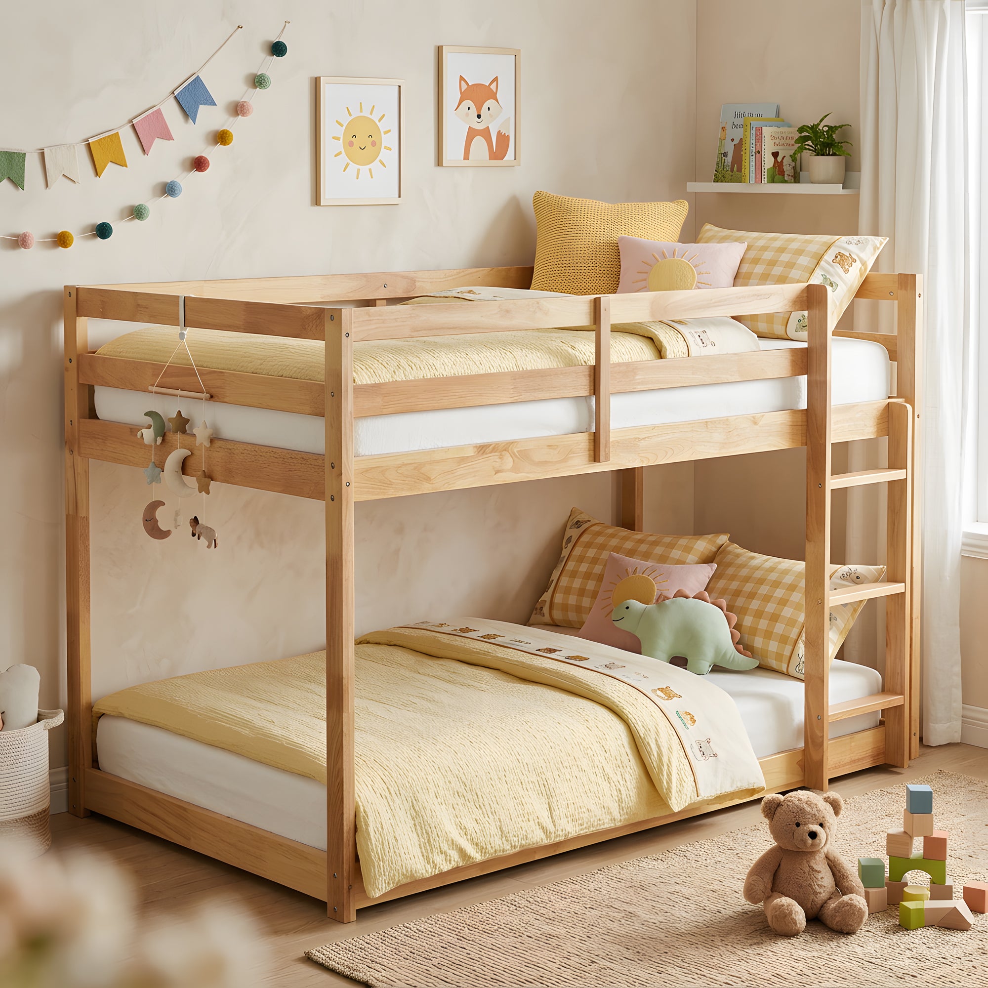 Vecelo Twin Over Twin Natural Wood Solid Wood Bunk Bed with Ladder and Safety Guardrail No Box Spring Required Space Saving Bed Frame for Kids Teens Guest Room