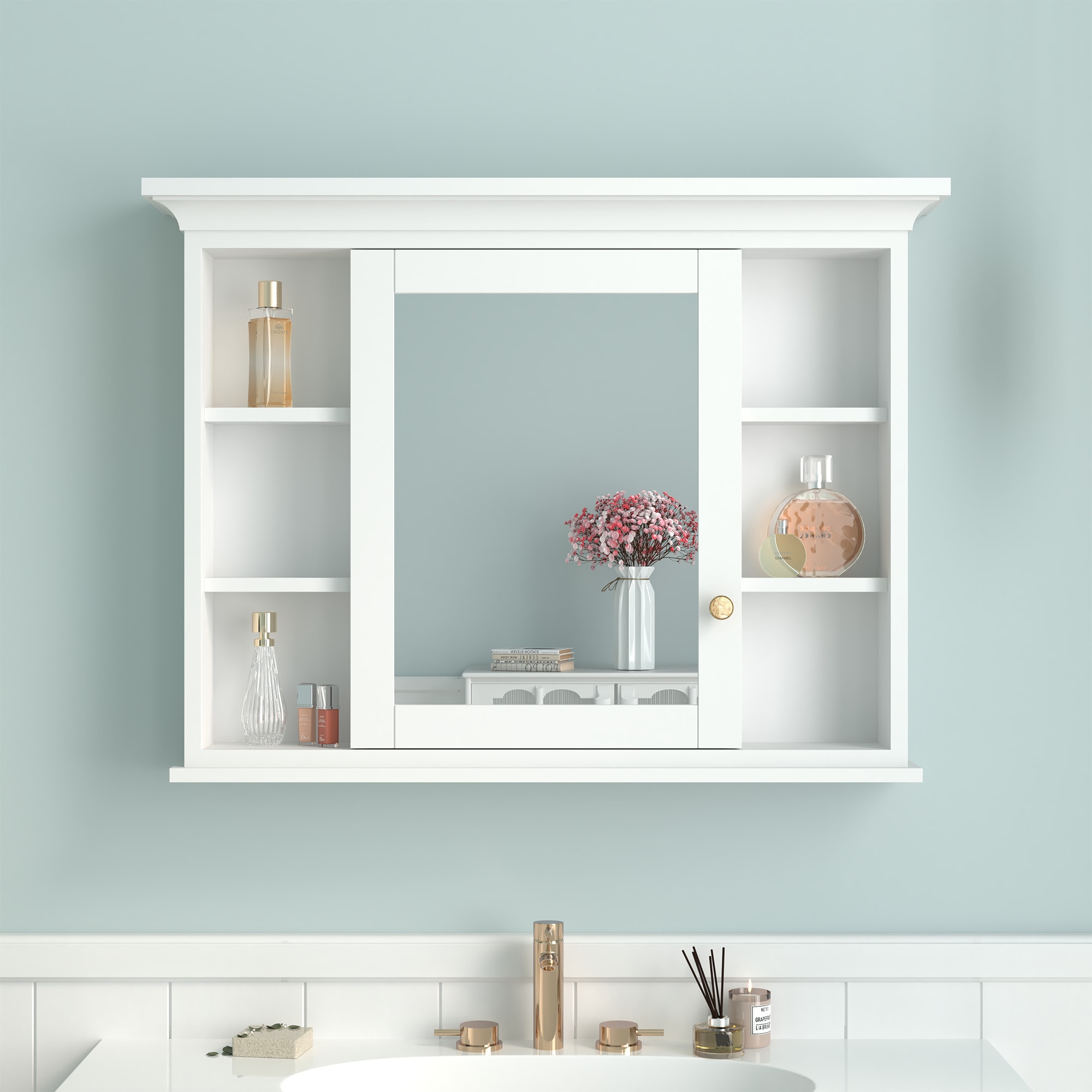 Forclover HE-JG1124 40-Inches x 30-Inches Surface Mount White Mirrored Rectangle Soft Close Medicine Cabinet
