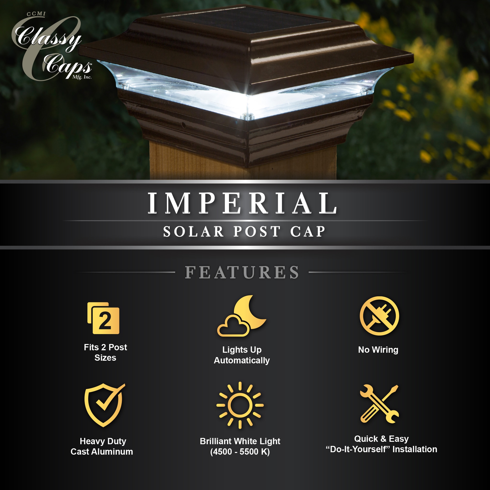 Classy Caps 4-in x 4-in 15-Lumen 1-Watt Bronze Solar LED Outdoor Post Cap  Light (4100 K) in the Deck Lights department at