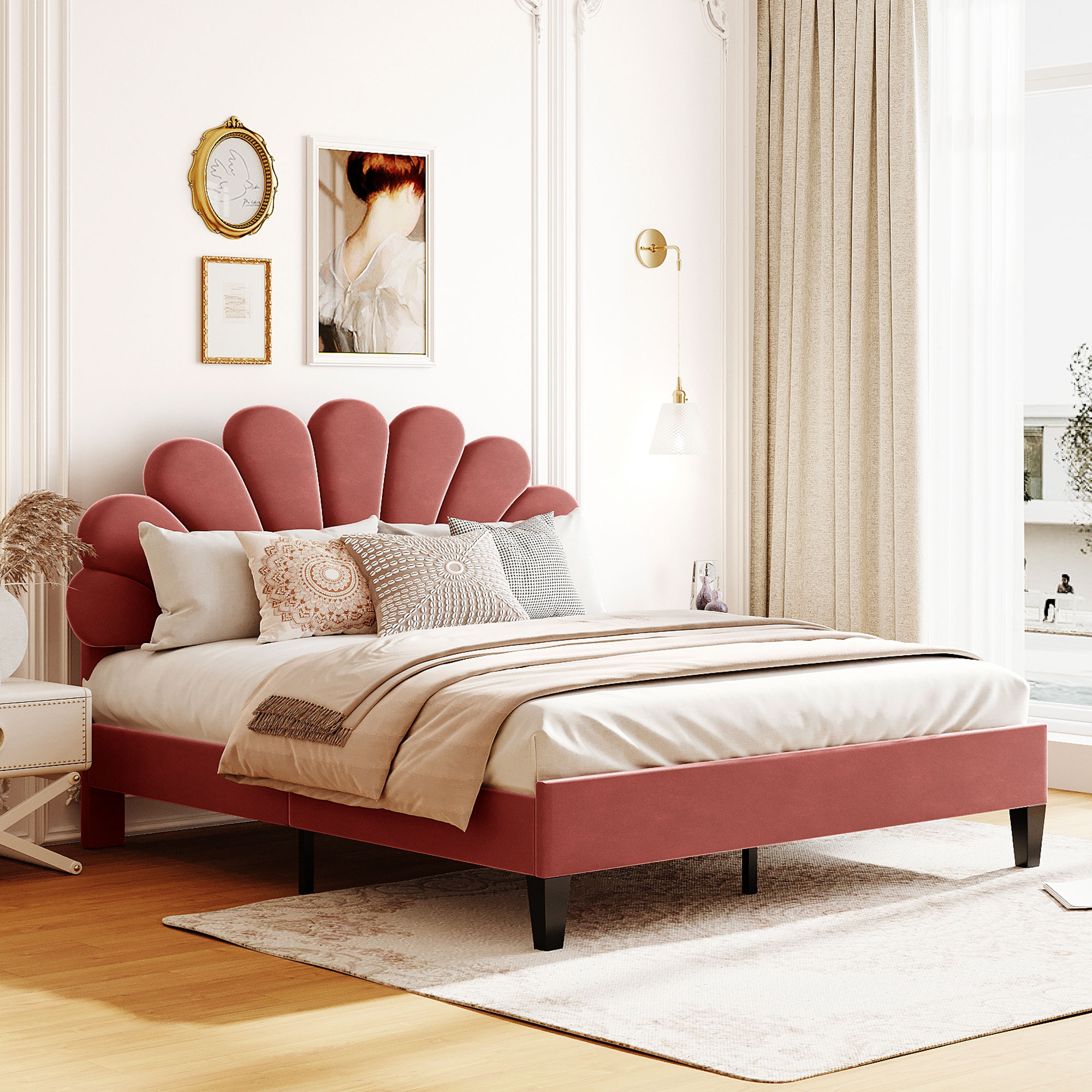 ModernLuxe L3P-WF305291AAH Queen Size Upholstered Platform Bed with Flower Pattern Velvet Headboard Bean Paste Red