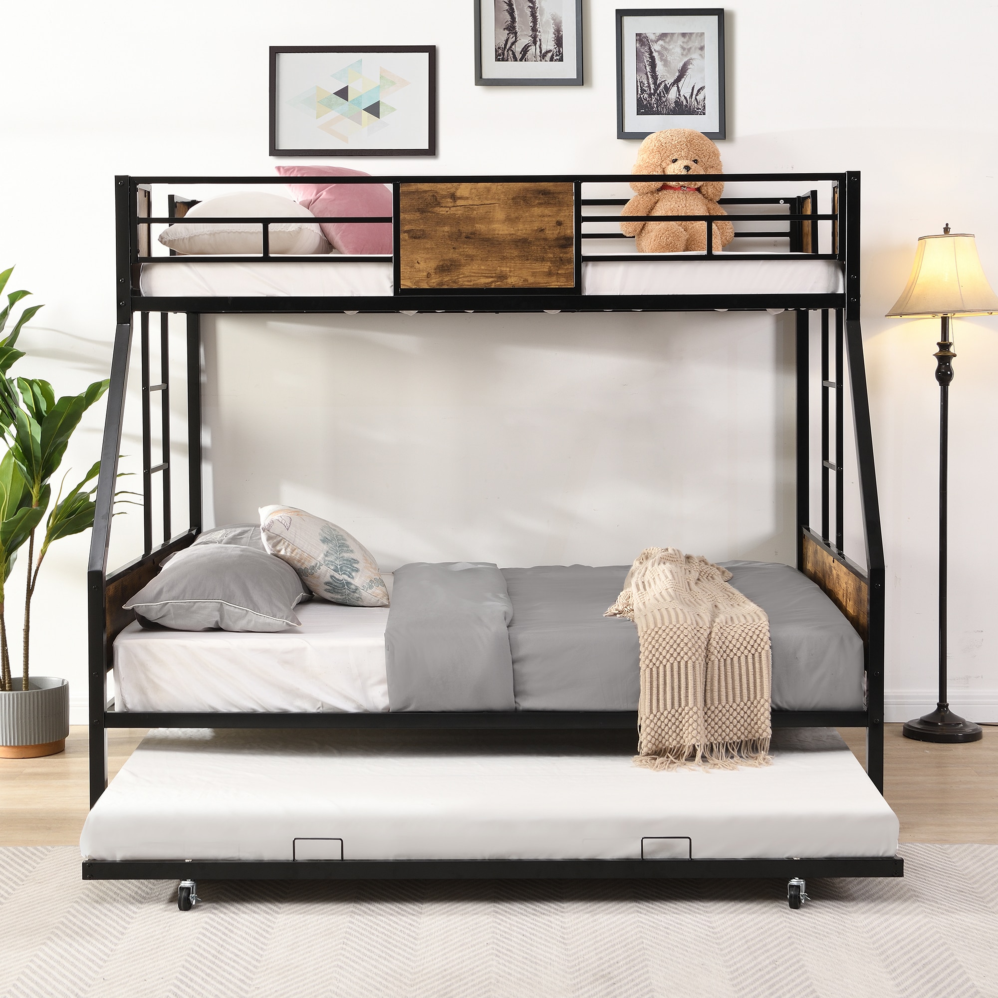 LOVMOR SF-M-W311133419 Twin Over FULL Metal Bunk Bed with Trundle 2 Side Ladder and FullLength Guardrail No Box Spring Needed Large Under Bed Storage Easy Assemble  Black and Brown