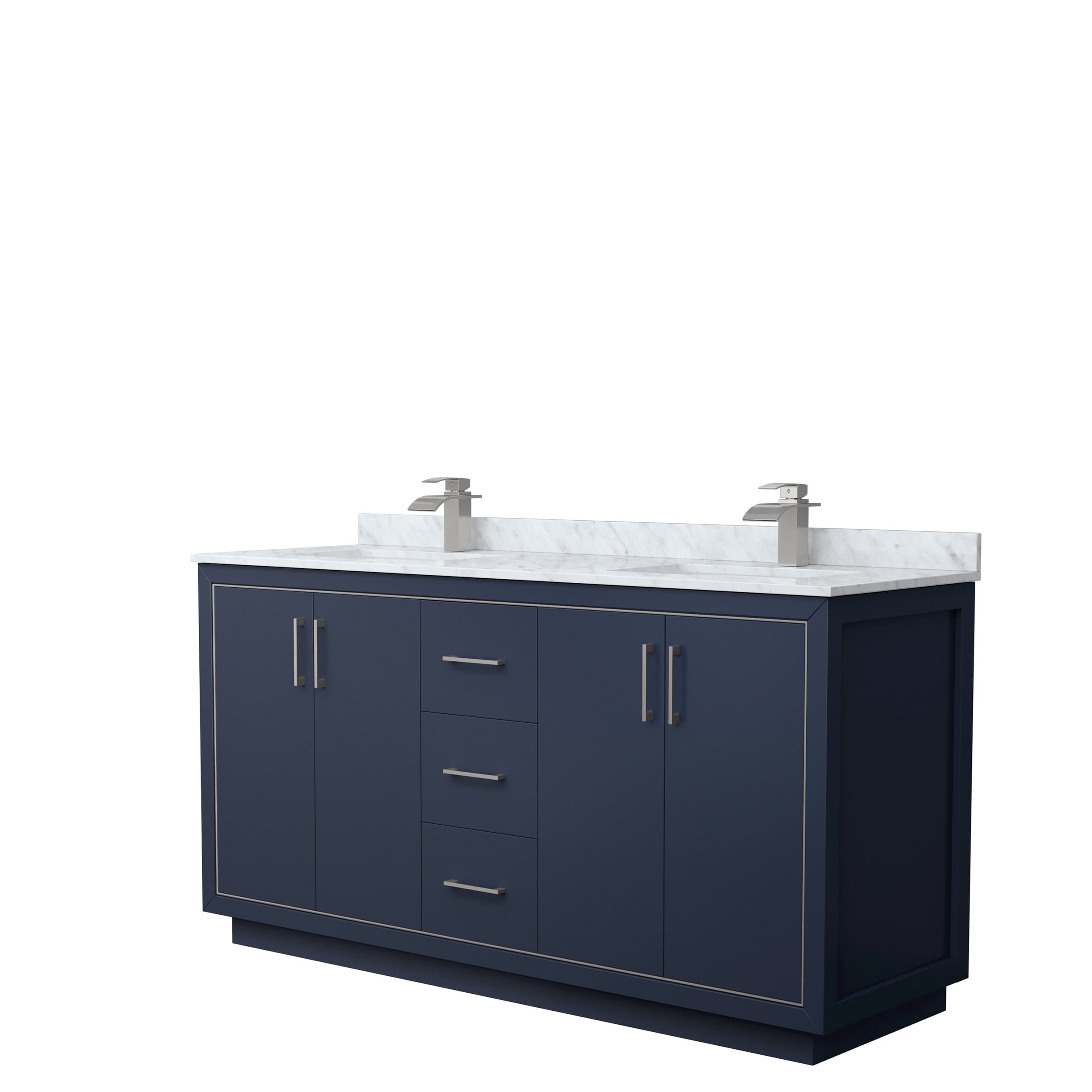 Wyndham Collection WCF111166DBNCMUNSMXX Icon 66-in Dark Blue with Brushed Nickel Trim Undermount Double sink Bathroom Vanity with White Carrara marble Natural marble Top