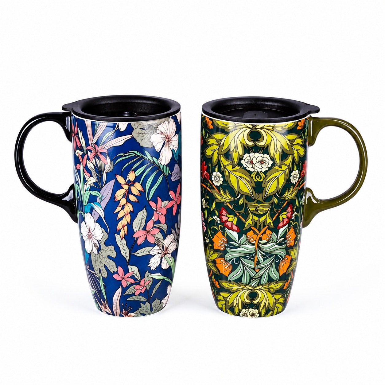 Aoibox  17 oz Blue and Green Ceramic Latte Coffee Mug with Lid Lead Free Dishwasher Safe Set of 2