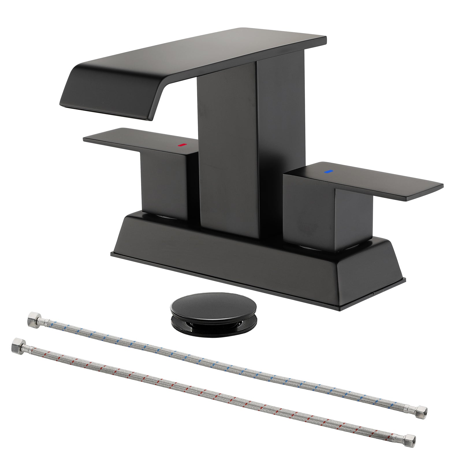 Boyel Living - Black 4 Inch Centerset Faucet SUS304 Waterfall Spout 1.2GPM Dual Handle Pop Up Drain