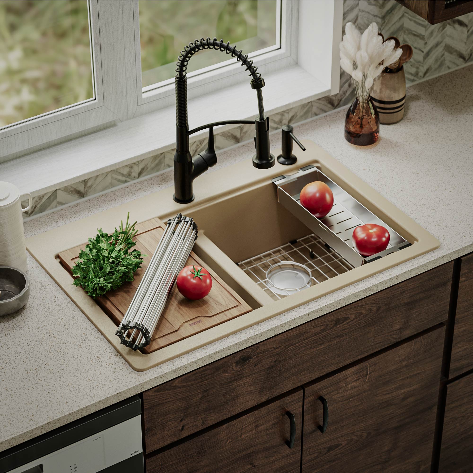 Karran QTWS-880-BI Drop-in or undermount 33-in x 22-in Quartz Double equal bowl Workstation Kitchen Sink with Drainboard