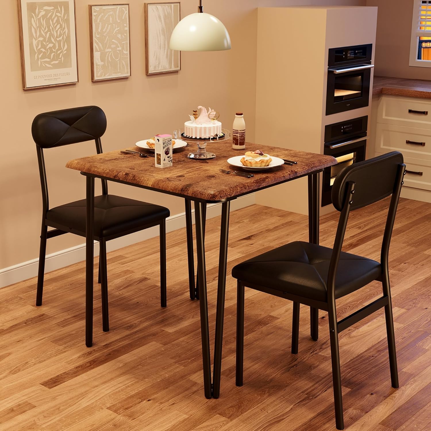 GAOMON - 3 Pcs Dining Table Set for 2 Small Square Kitchen Table with 2 Upholstered Chairs Space-...