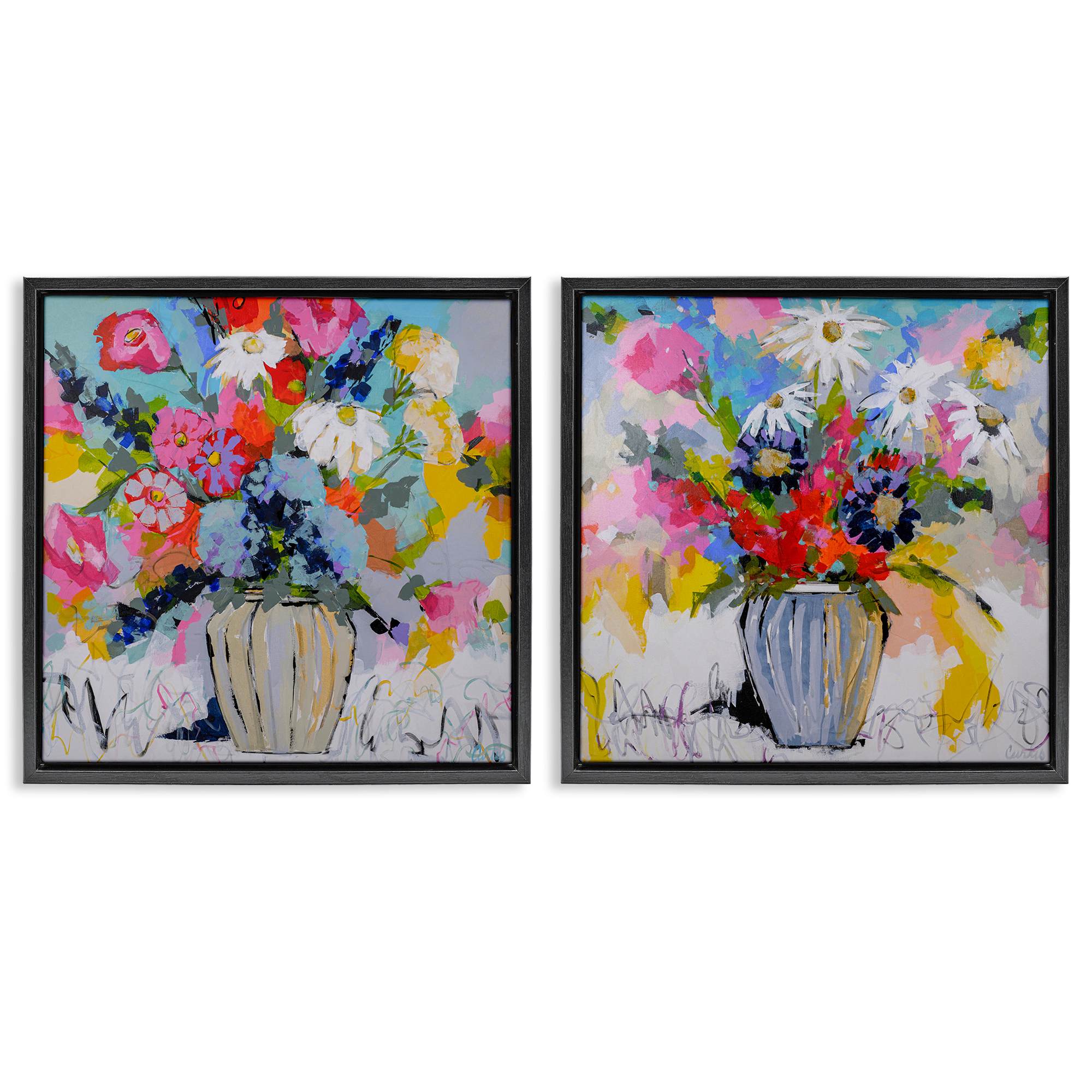 Stupell Industries B2-795-FFB-2PC-17X17 Vibrant Flower Vase Collection 2pc Floating Frame Set design by Joan Curtis
