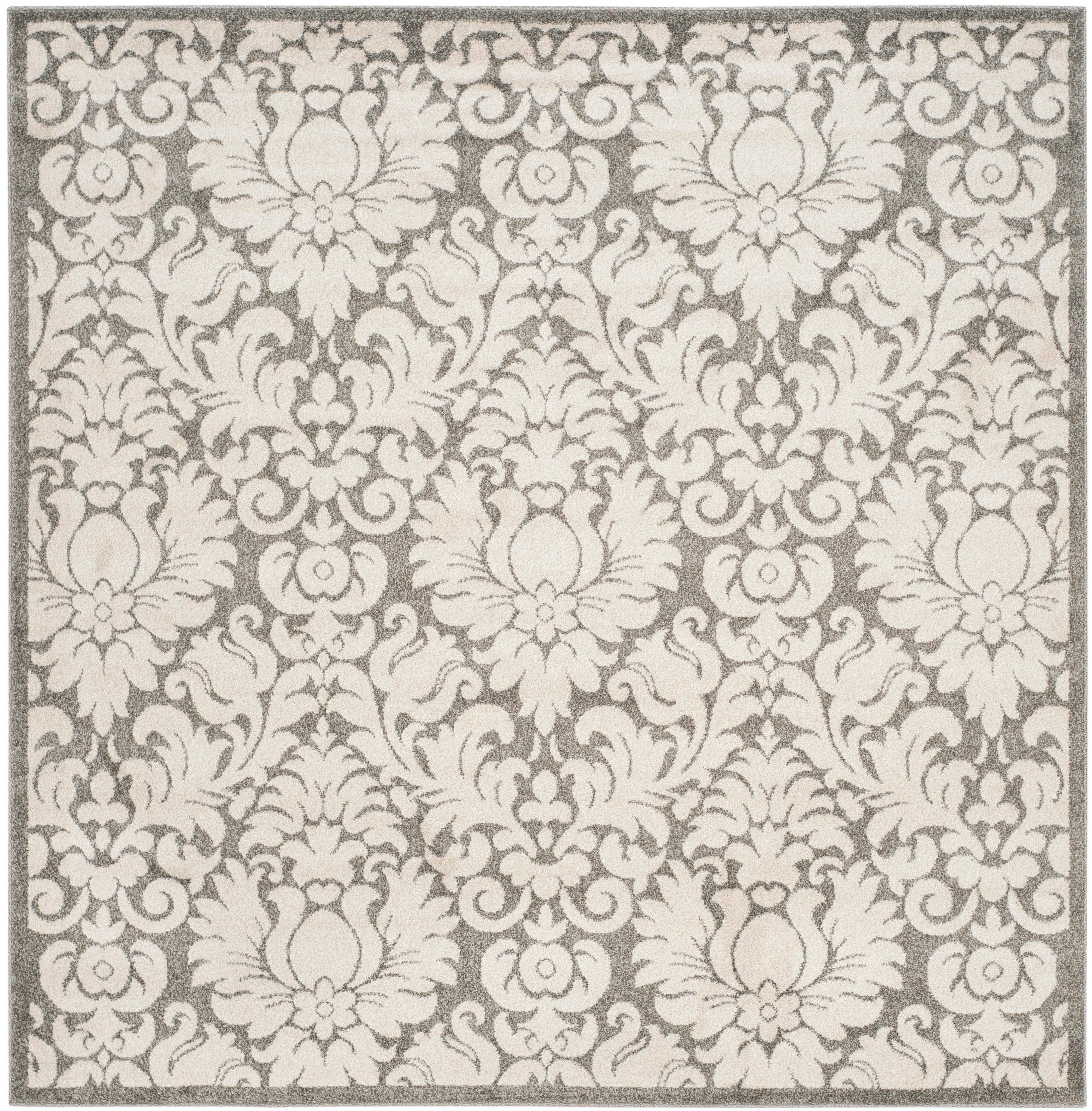 Gray and Cream Damask Square Synthetic Area Rug