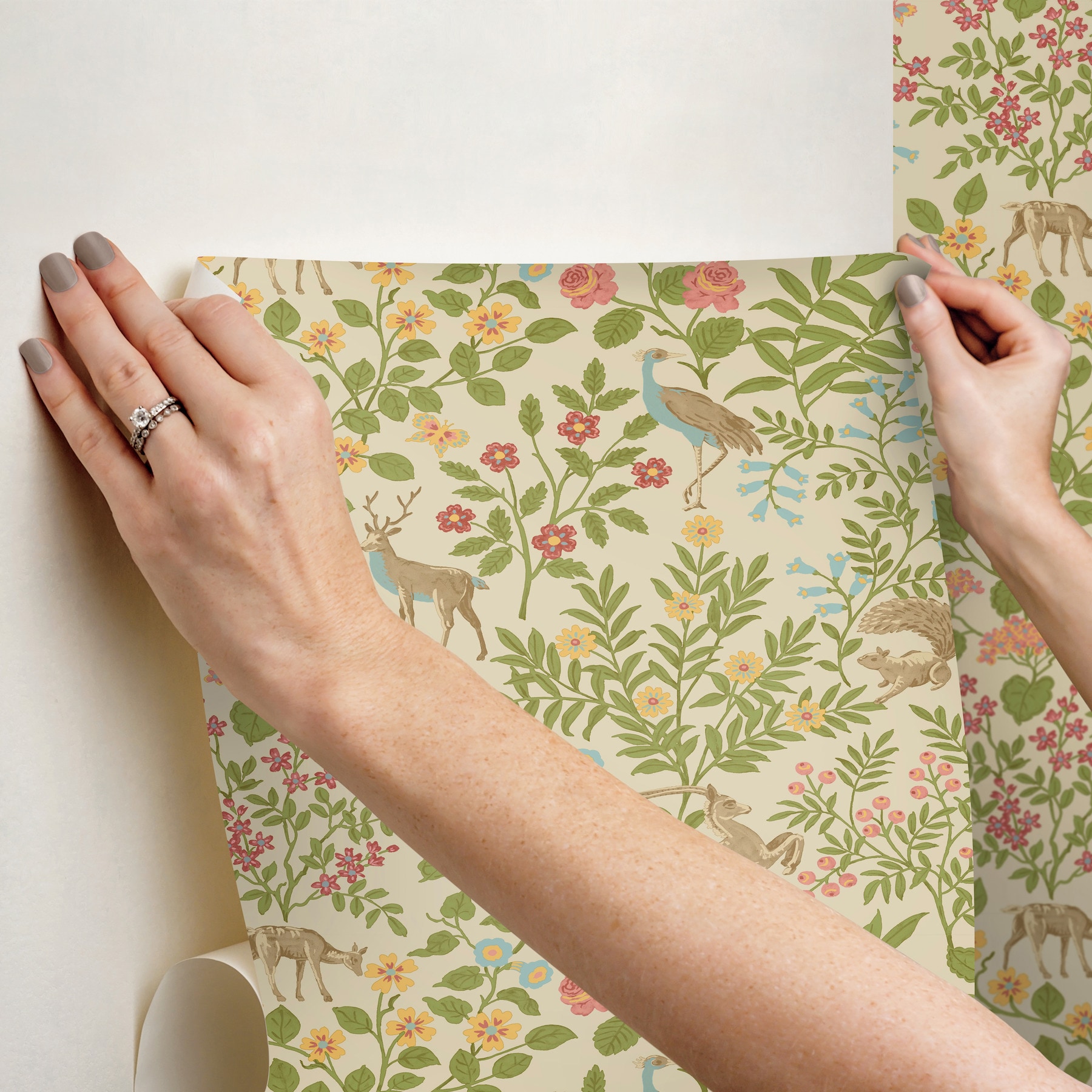 Linen Tan and Green Floral Peel and Stick Wallpaper