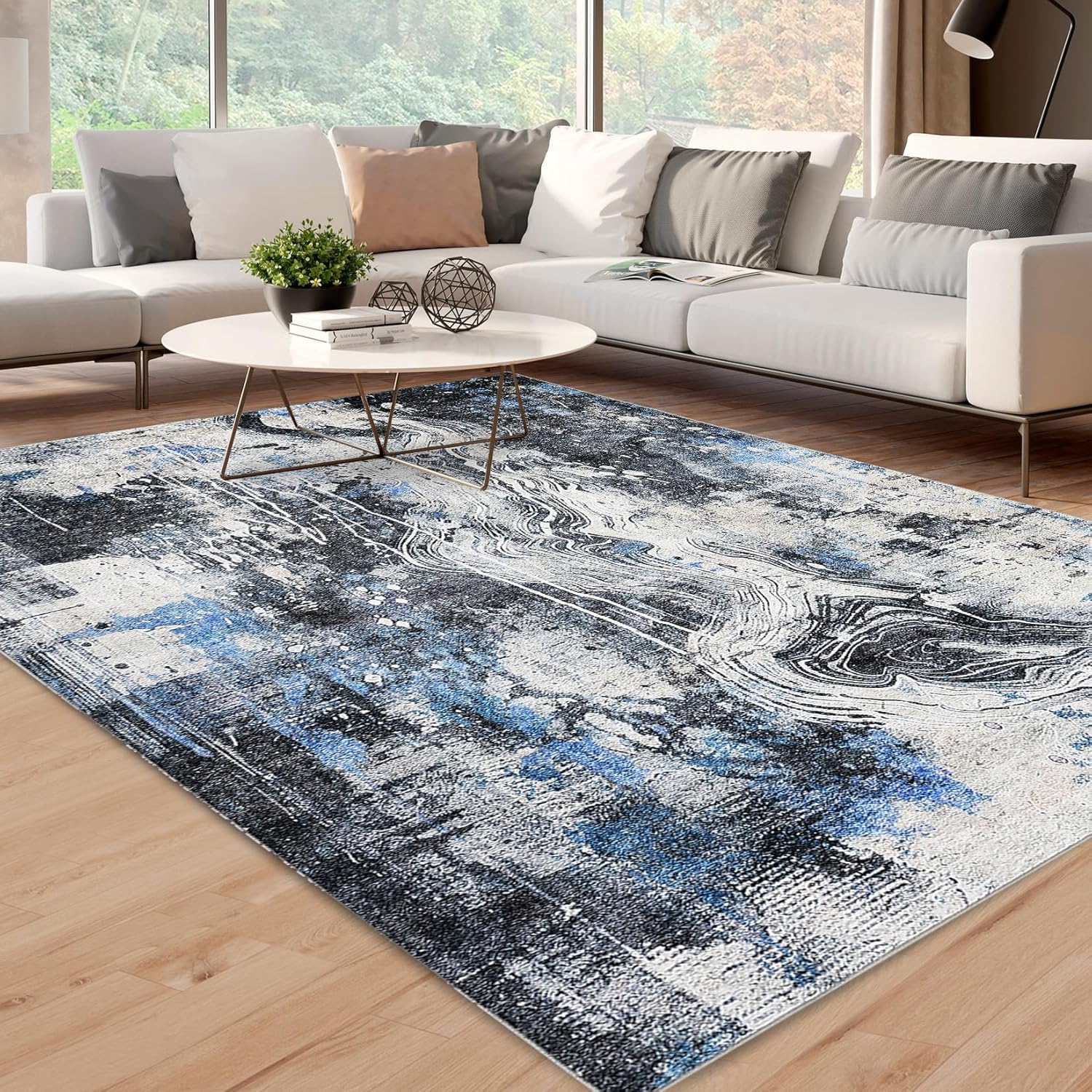 Qeetex WWJ-PHO-33A3XE34 6x9 Large Soft Throw Rugs Neutral Modern Design Non-Slip Stain Resistant Machine Washable Foldable Black Blue