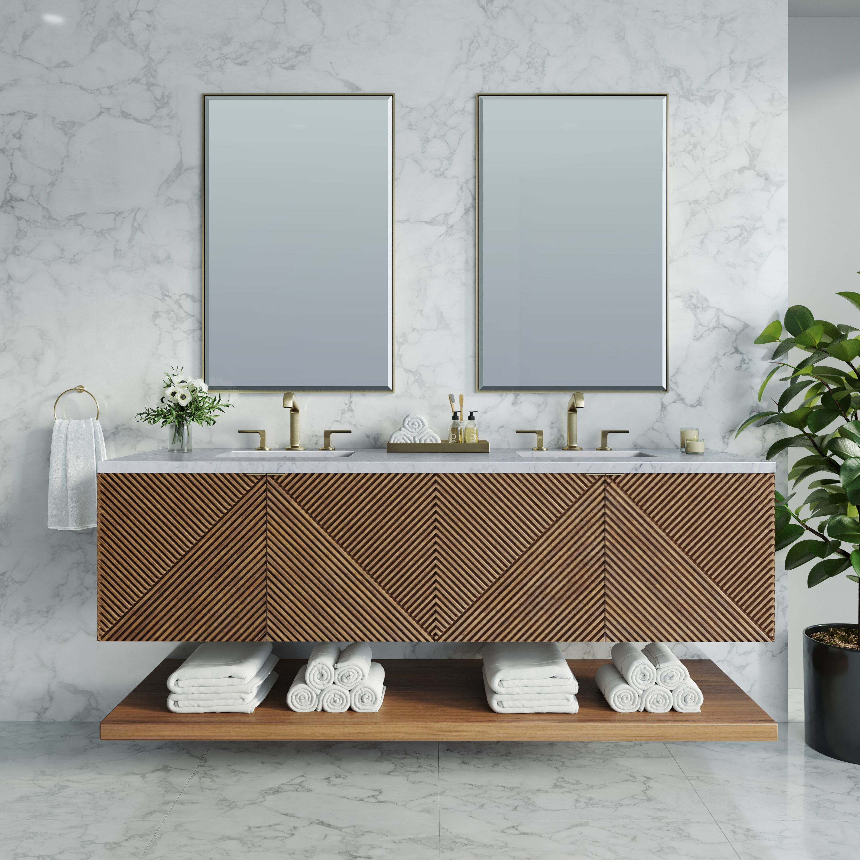 James Martin Vanities D200-V72-CSN-3CAR Marcello 72-in Chestnut Undermount Double Sink Floating Bathroom Vanity with Carrara Marble Quartz Top
