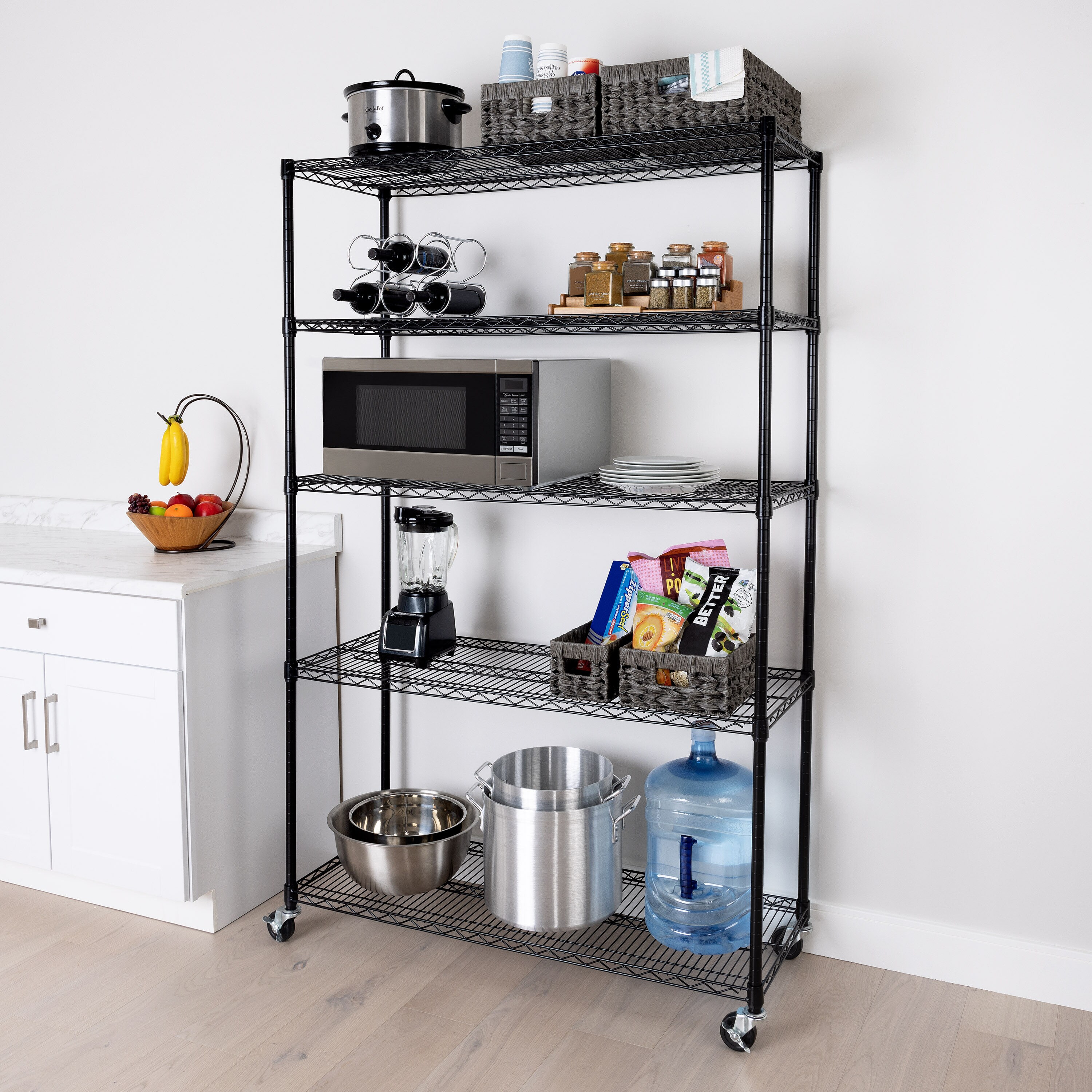 Black Adjustable 5-Tier Steel Wire Shelving Unit with Wheels