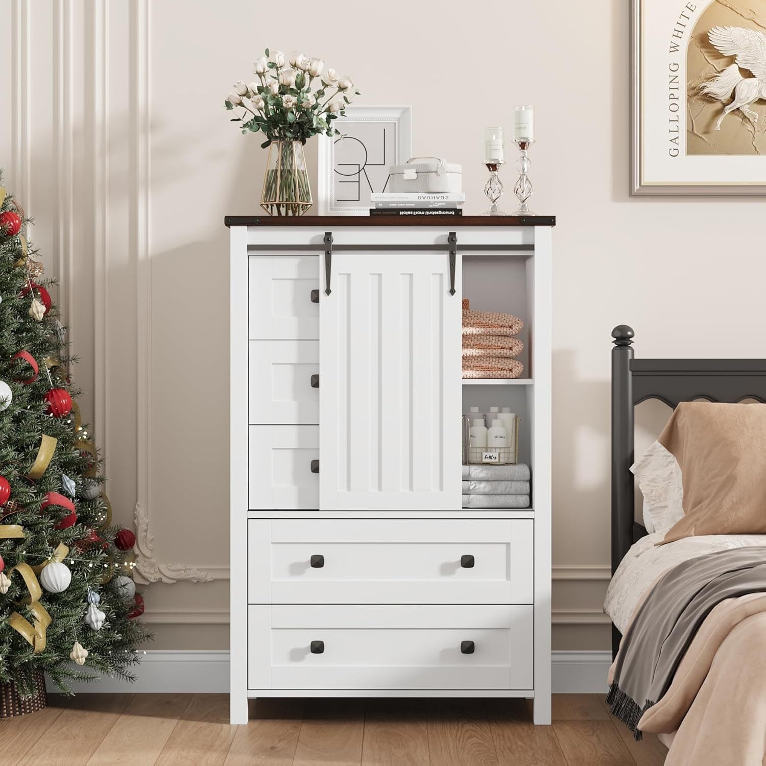 Garvee Farmhouse 5 Drawer Dresser for Bedroom 48 In Tall Wood Dresser Chest of Drawer with Sliding Barn Door Adjustable Shelf Storage Organizer for Bedroom Hallway Living Room Kitchen-White