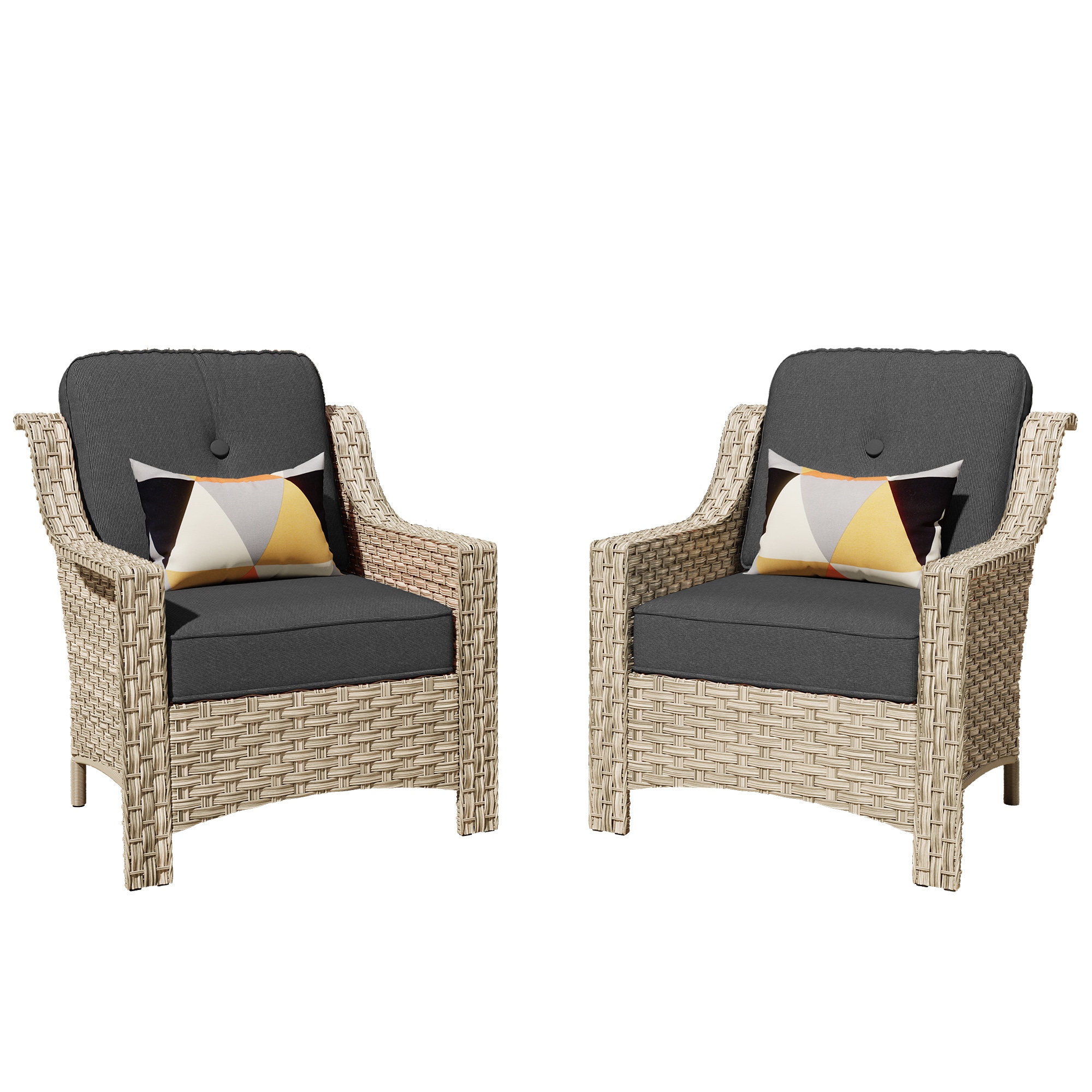Pouuin SFYT900 Set of 2 Wicker Gray Metal Frame Stationary Conversation Chair with Black Cushioned Seat