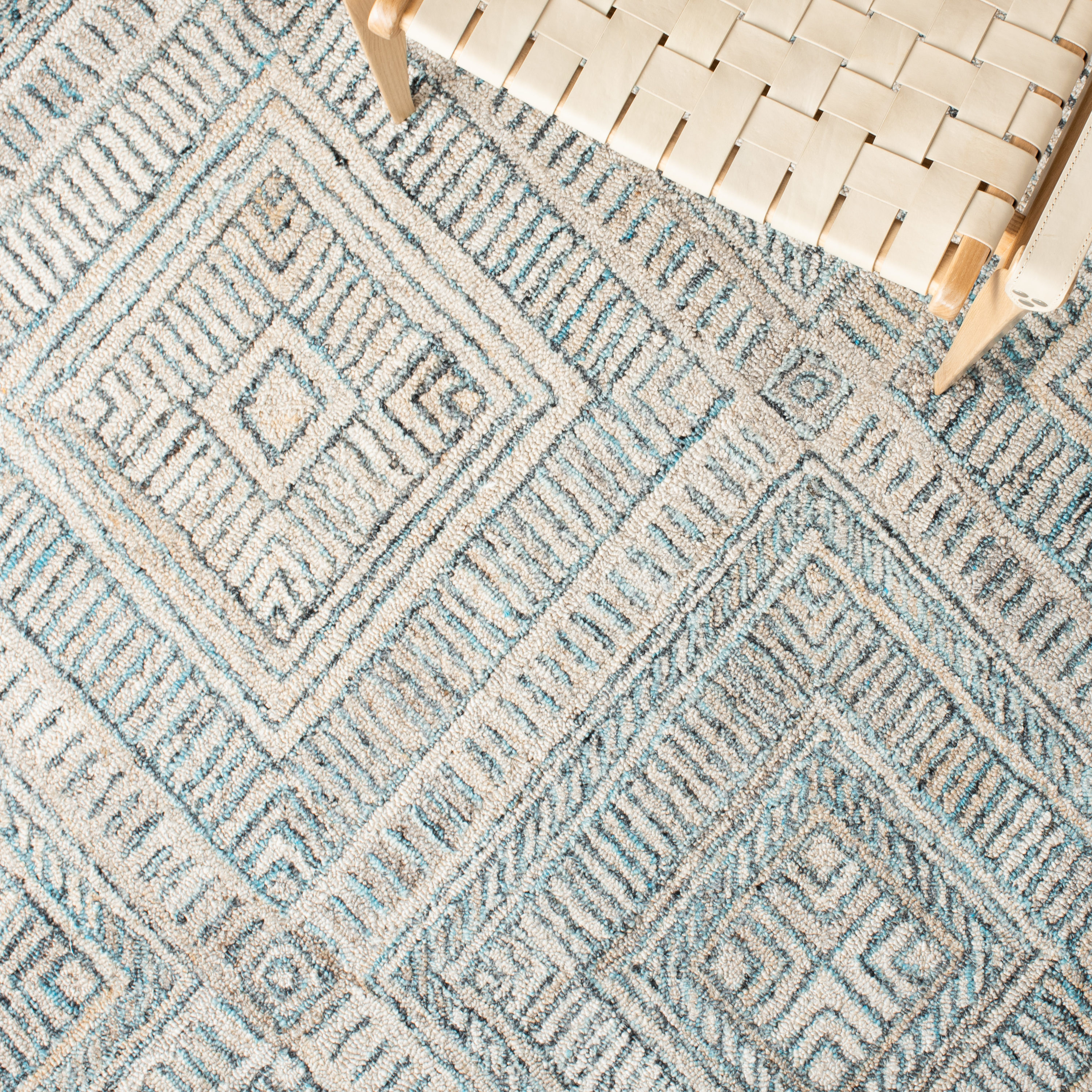 Turquoise and Beige Hand-Tufted Wool Geometric Square Rug