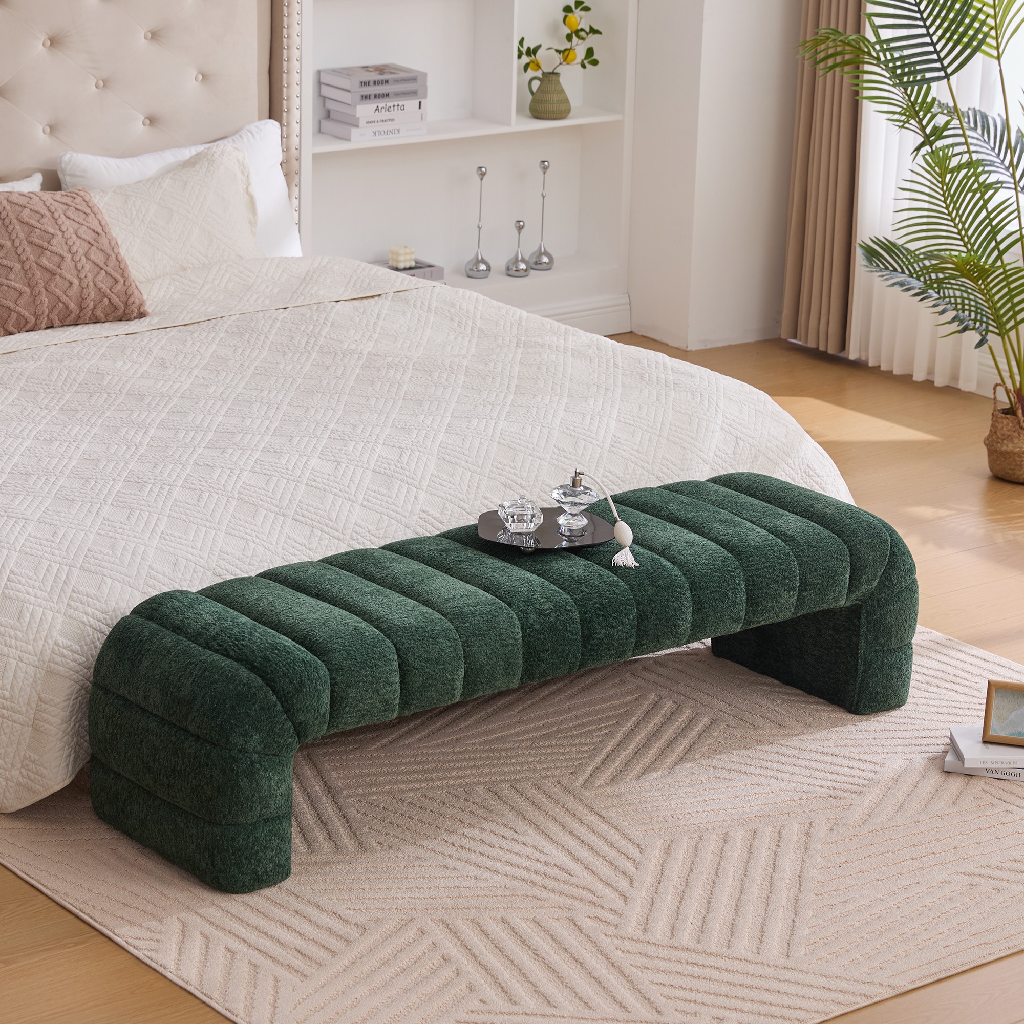 JUSHUA - Green Modern Chenille Upholstered Armless Bed Bench with Channel Tufted Daybed Chaise De...