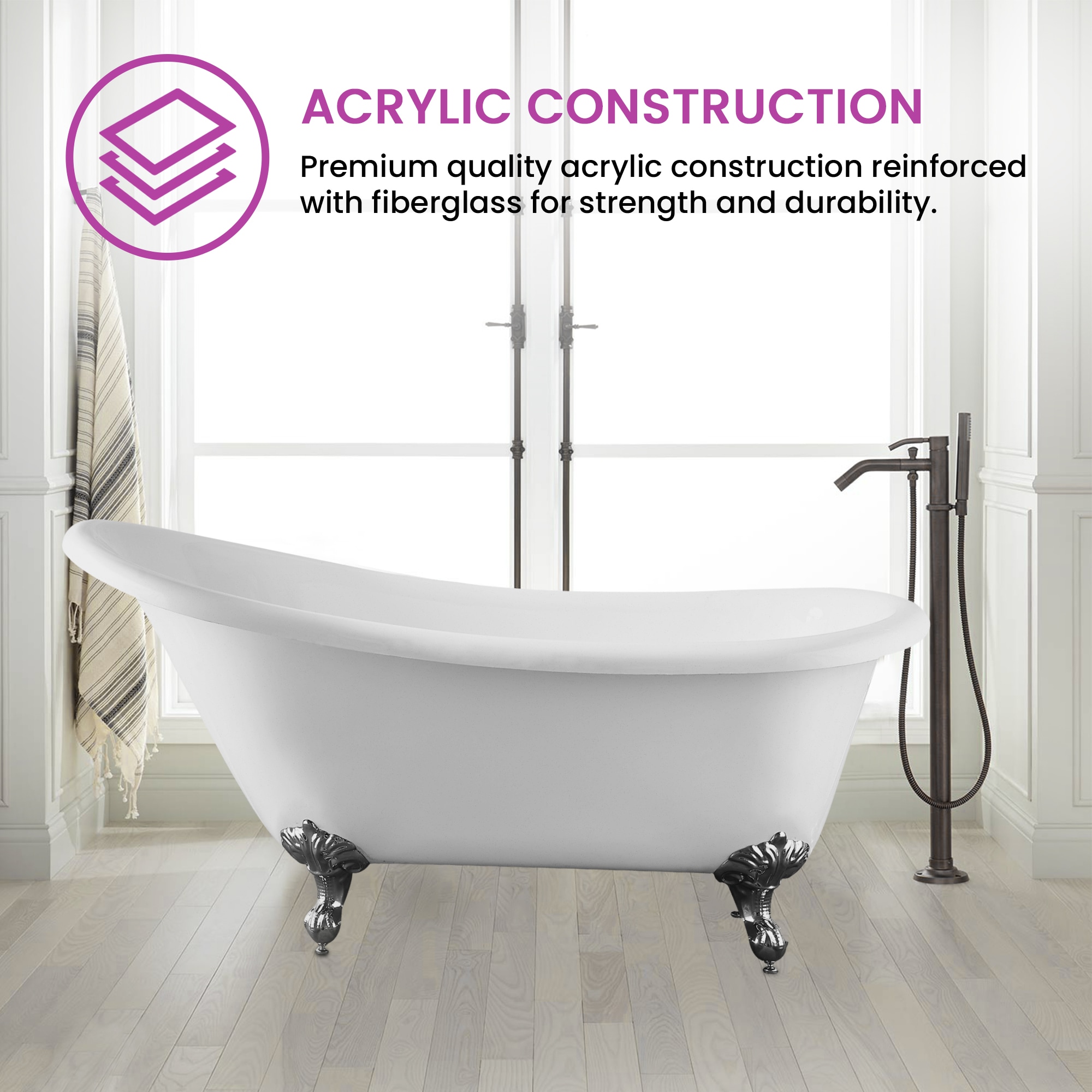 67" White Acrylic Clawfoot Freestanding Bathtub