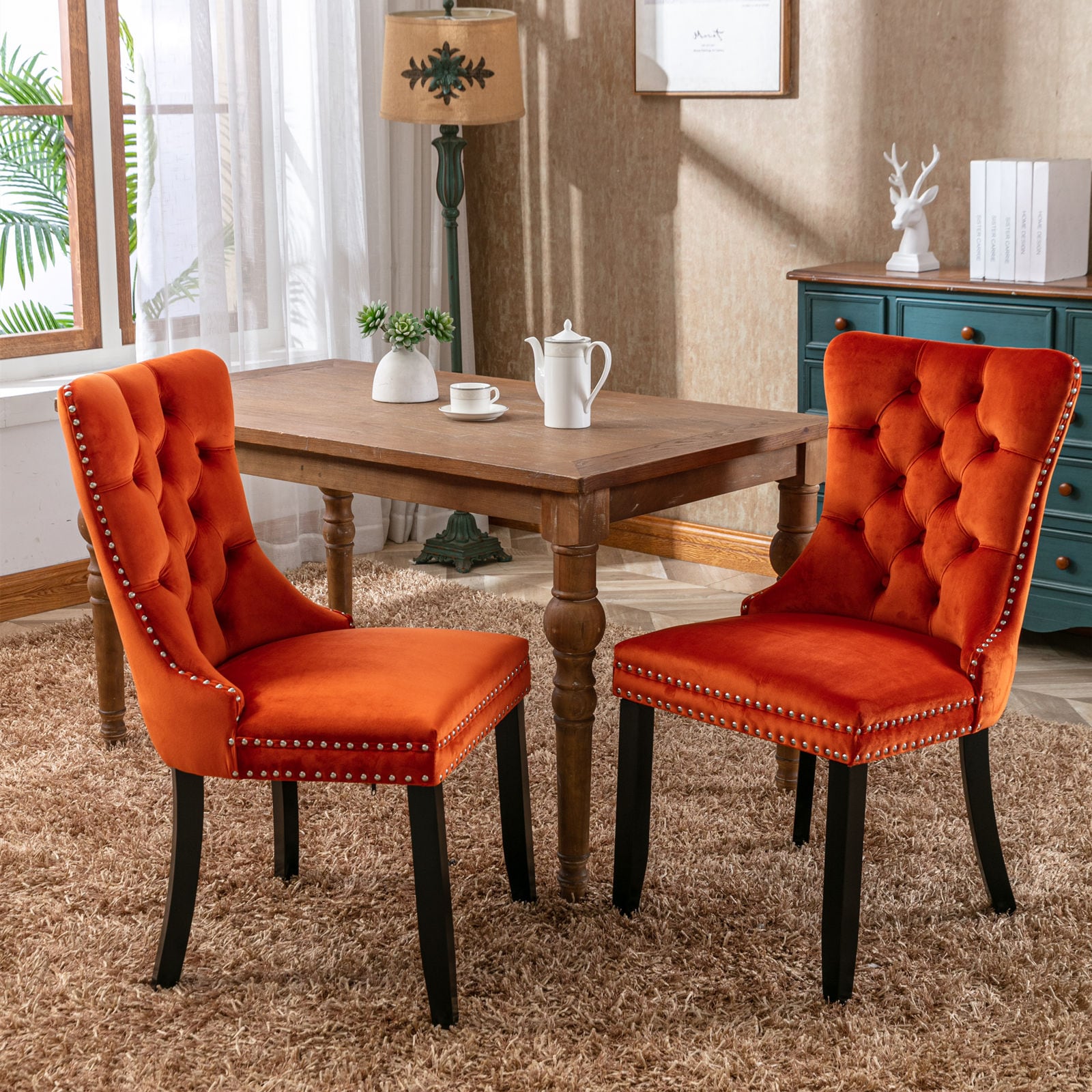 REIBII Upholstered Dining Chairs Set of 2 Modern High End Tufted Velvet with Solid Wood Legs and Nailhead Trim Orange