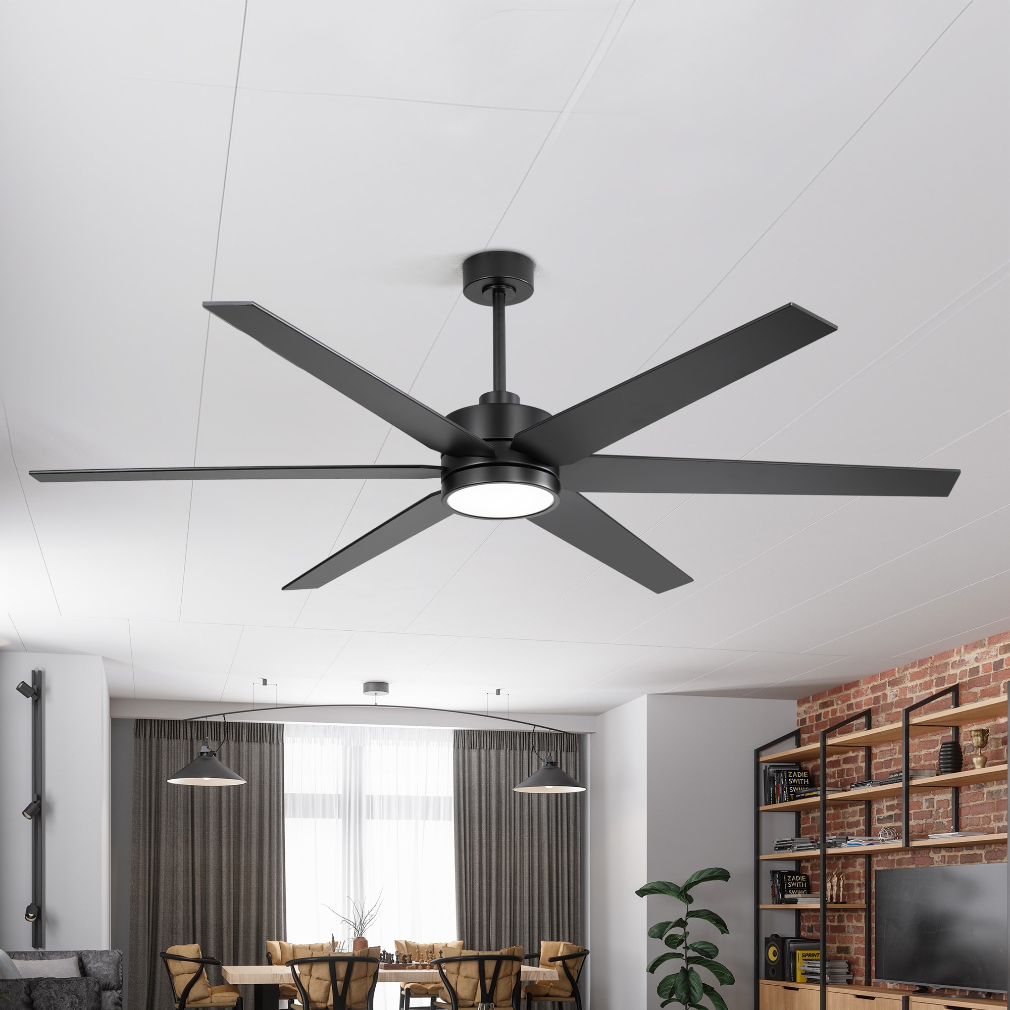 Breezary 27030-BK 72-in Color-Changing Integrated LED Flat Black with Matte Black Blades Ceiling Fan With Light - Remote Included ( 6 -Blade )
