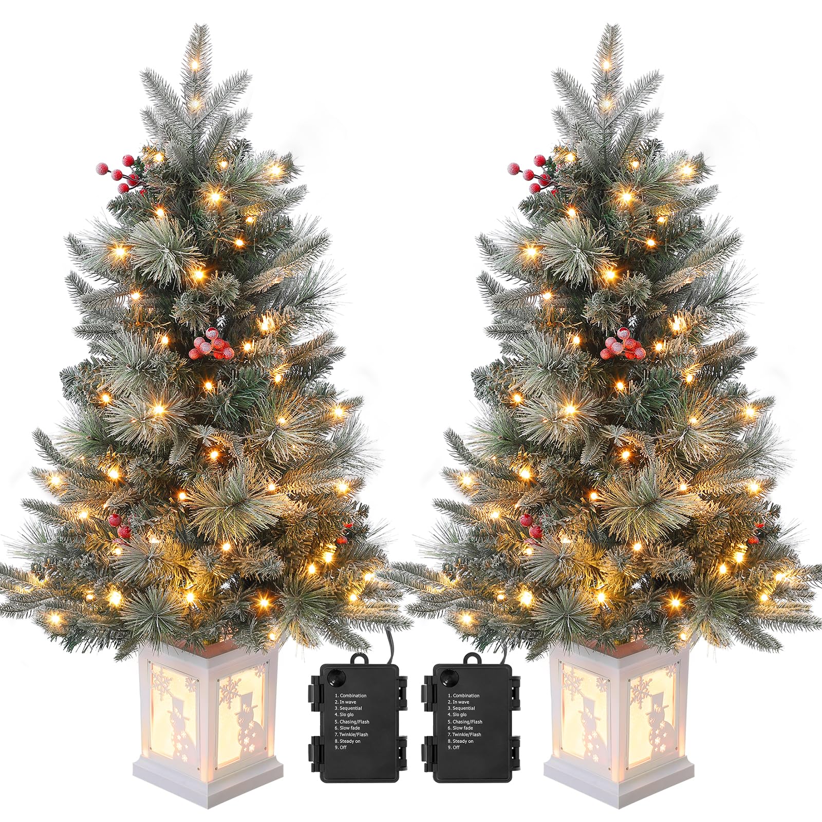 IdealHouse 2 Pack 3FT Pre-Lit Snow Flocked Artificial Christmas Tree - 78 LED Lights with 8 Lighting Modes Timer Battery Box Snowman Light Box Red Berry Accents - Ideal for Home Office Tabletop and Small Spaces - Battery Not Included