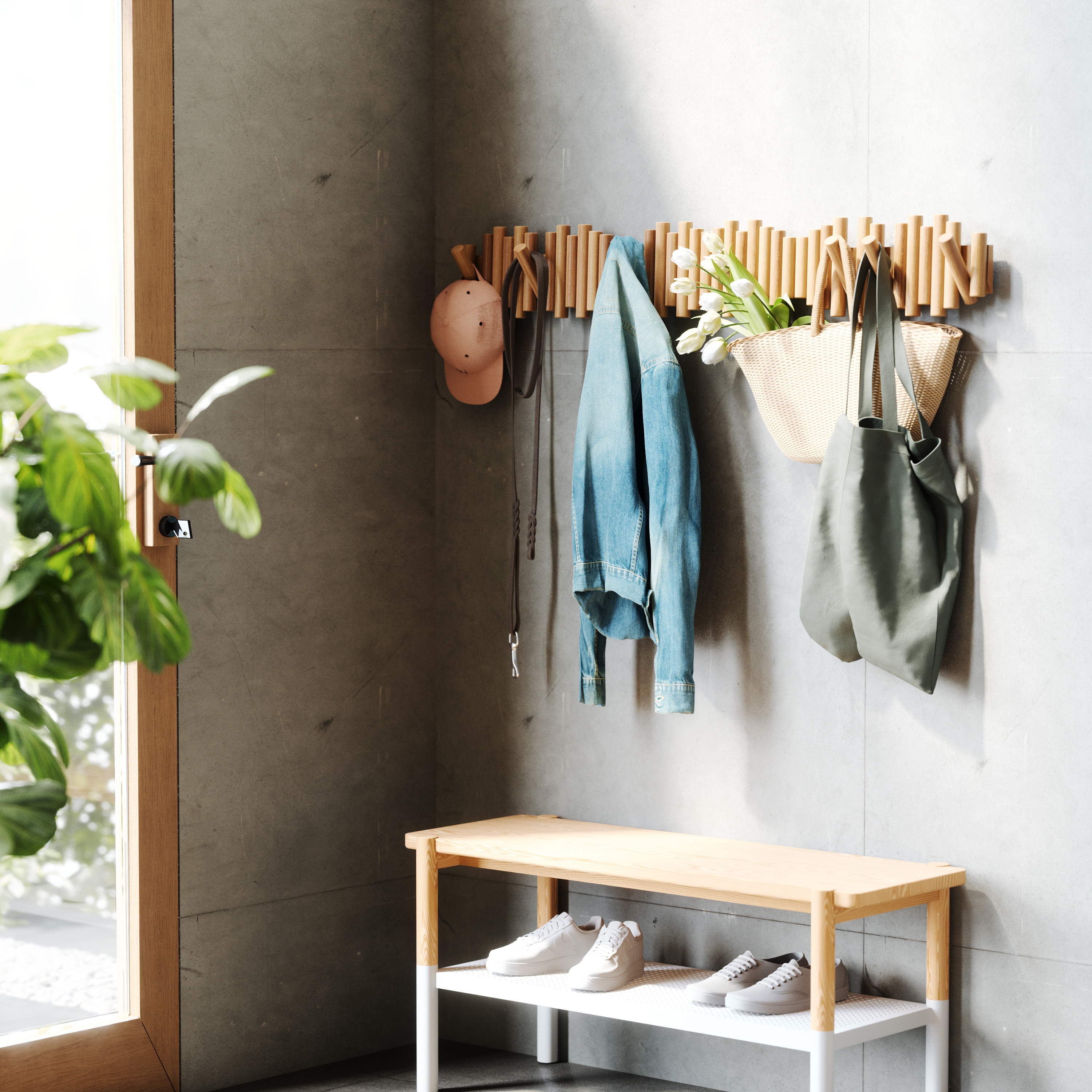 Beveled Pine Wood Wall Art with 5 Flip-Down Hooks