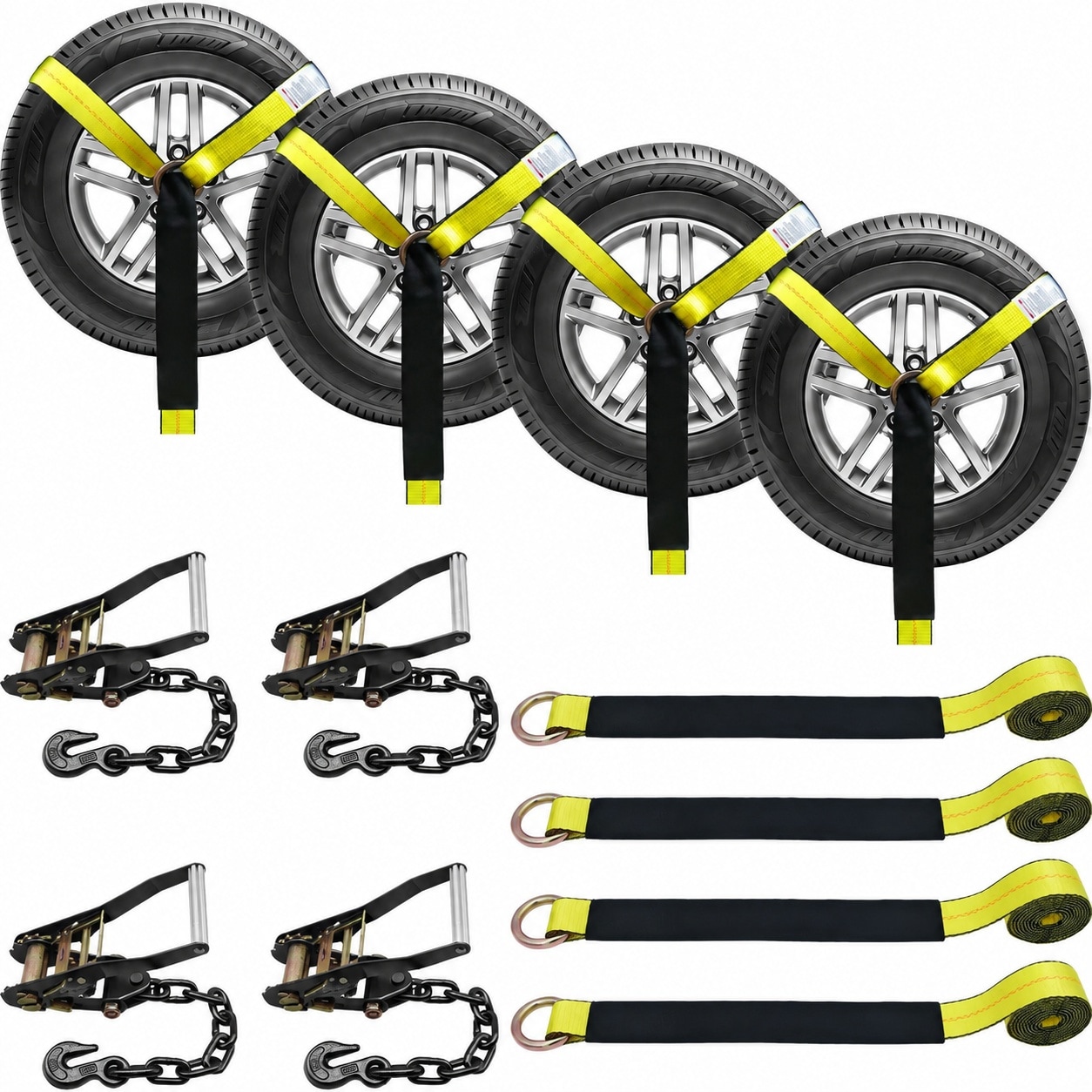 Etokfoks 96 in Yellow Polyester Car Tie Down Straps 4 Pack with Chain Anchors for Trailers and Hauling