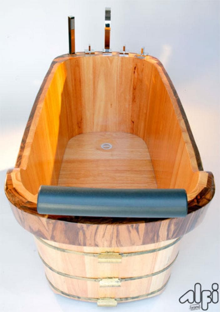 Natural Wood Freestanding Soaking Bathtub with Chrome Faucet