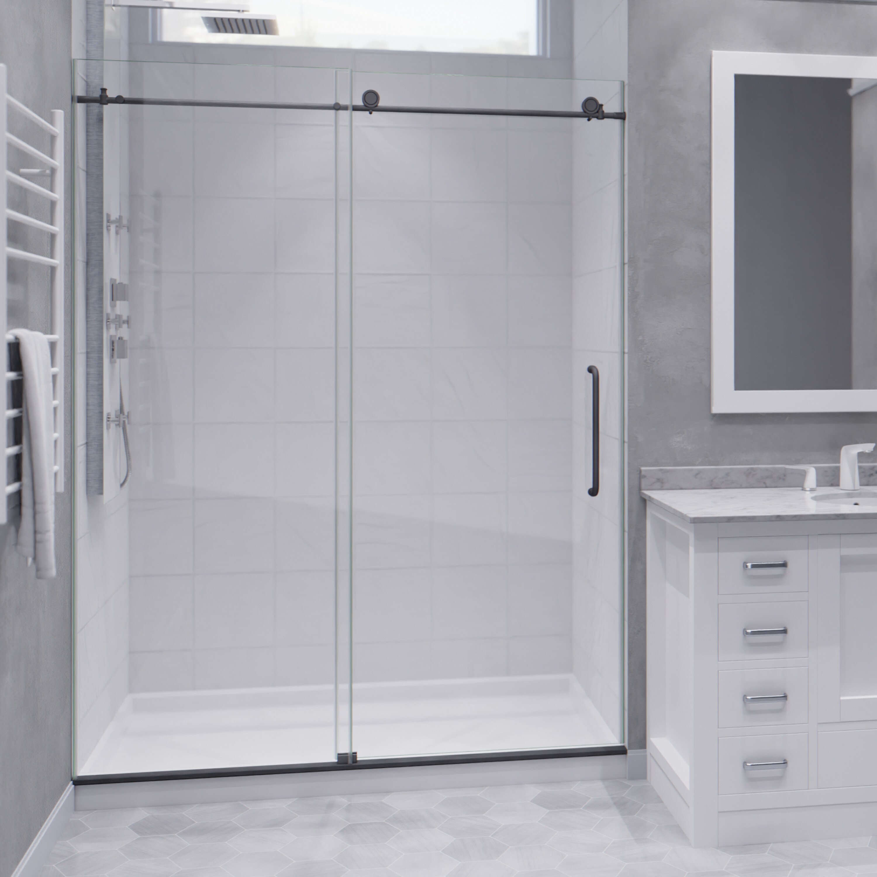 ANZZI SD-AZ13-02GB Madam Gun Metal Black 60-in W x 76-in H Frameless Sliding Shower Door 3/8-in Thick Clear Glass