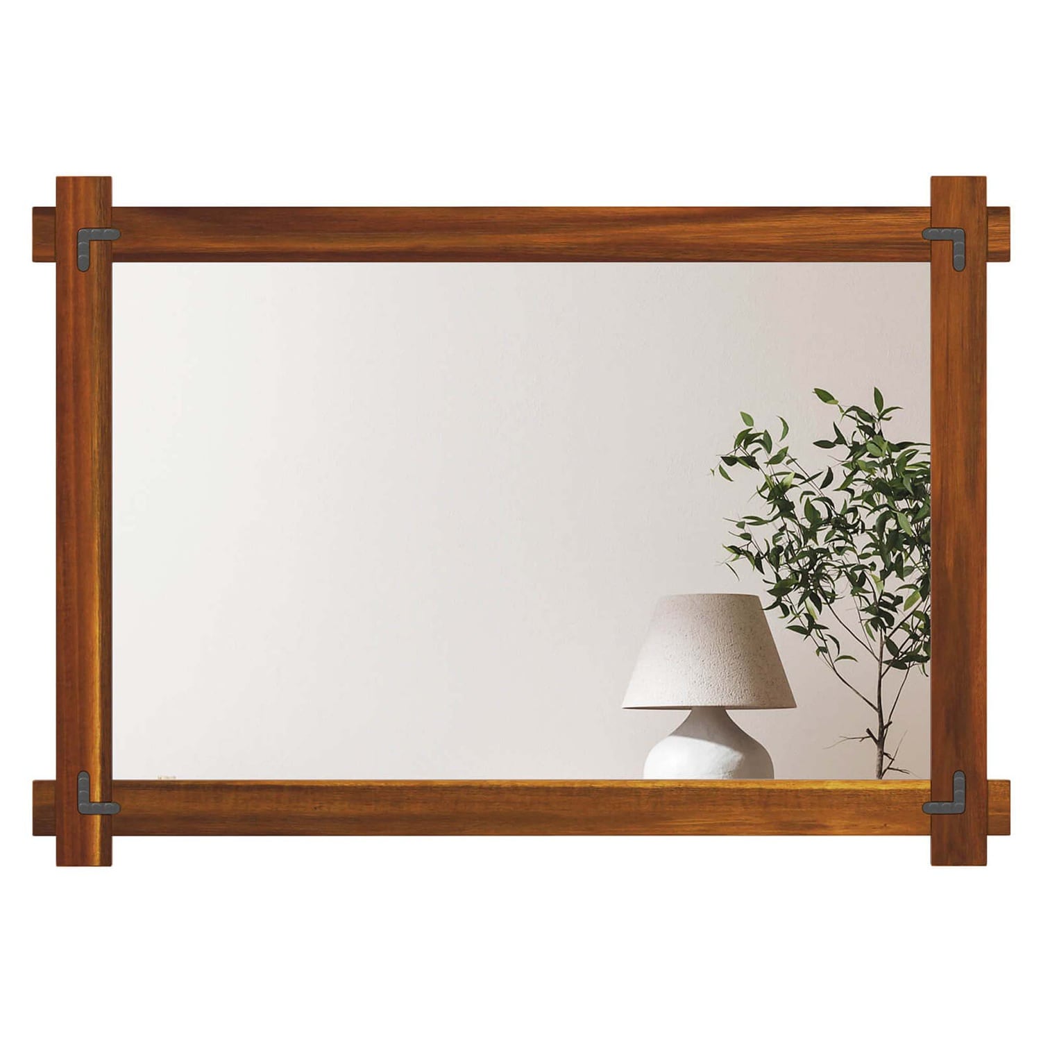  40 x 28.5 Inch Shatterproof Wall Mirror with Acacia Wood Frame and Vintage Rivet Design