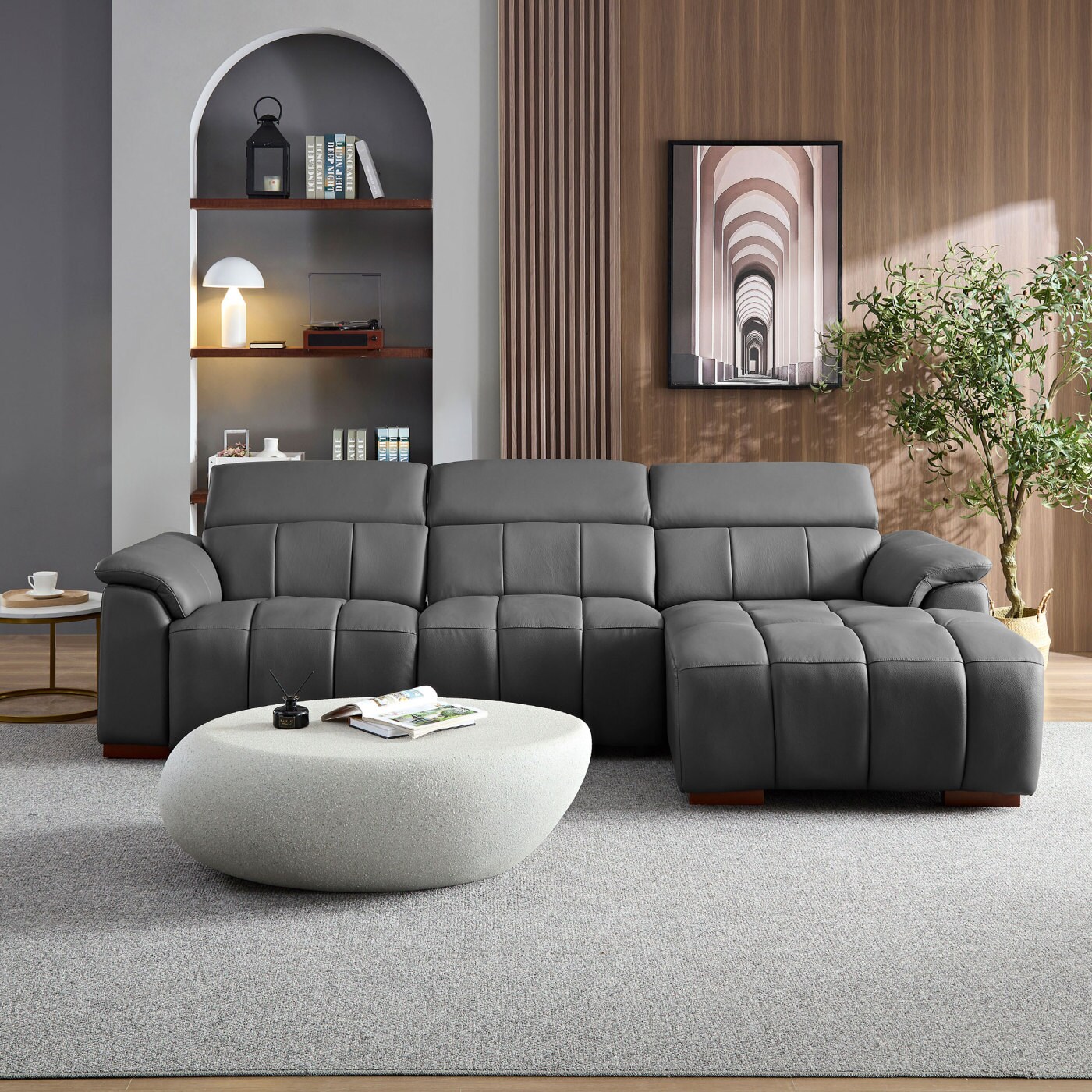 CHITA 113.38-Inch Dark Gray L-Shaped Genuine Leather Reclining Sofa Reclining Seats USB Charging for Living Room Apartment Family Room and Home Office