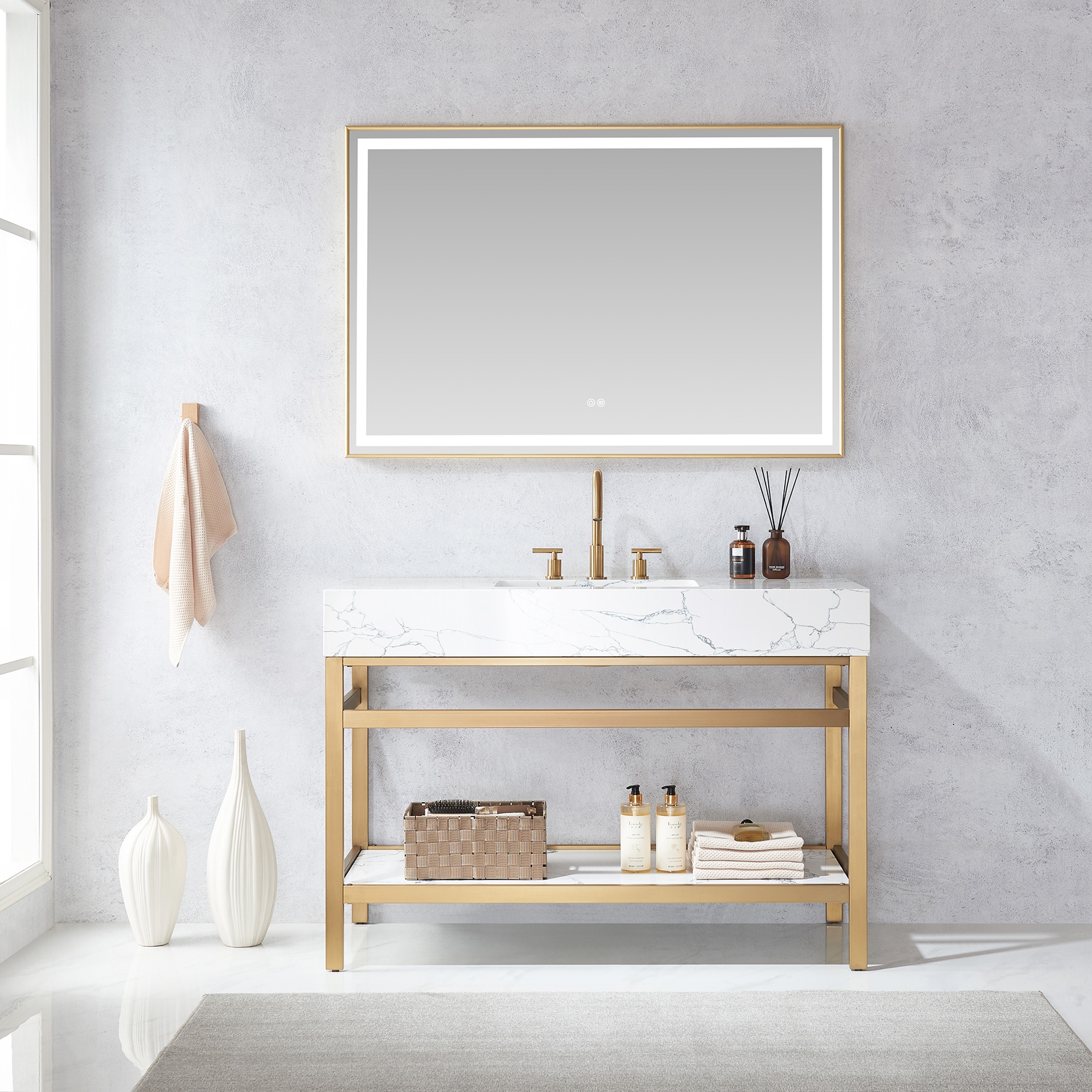 Vinnova 702748-BG-PH Ecija 48 in. Free-standing Single Bath Vanity in Brushed Gold Metal Support with Pandora White Composite Stone Top