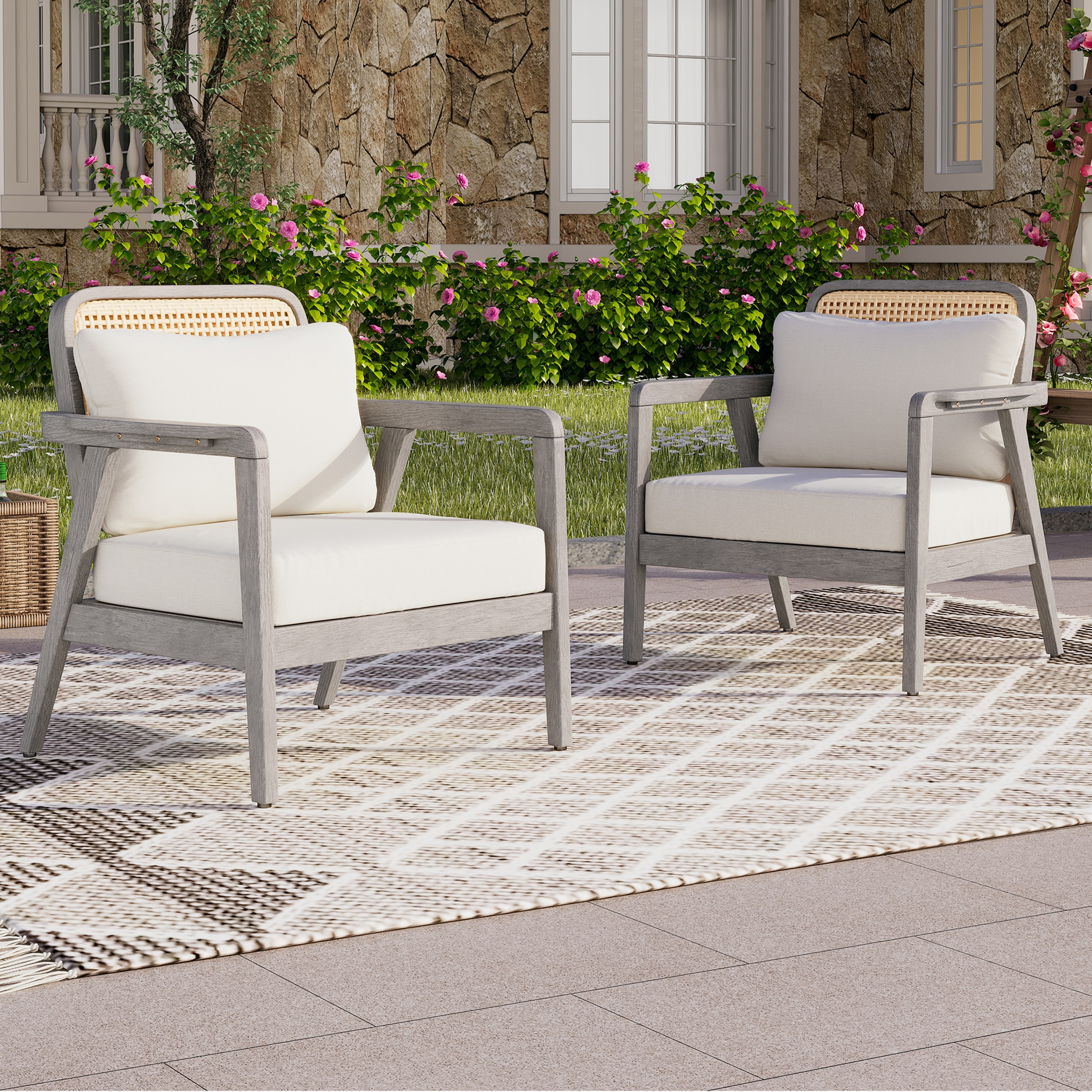 ModernLuxe Assembly Required SET OF 2 Outdoor Acacia Wood Patio Club Chair Patio FurnitureWaterproof Thick Cushion Deep Seating for Porch Garden Backyard Balcony Weight Capacity 400lbs Light Gray finish Cream cushion