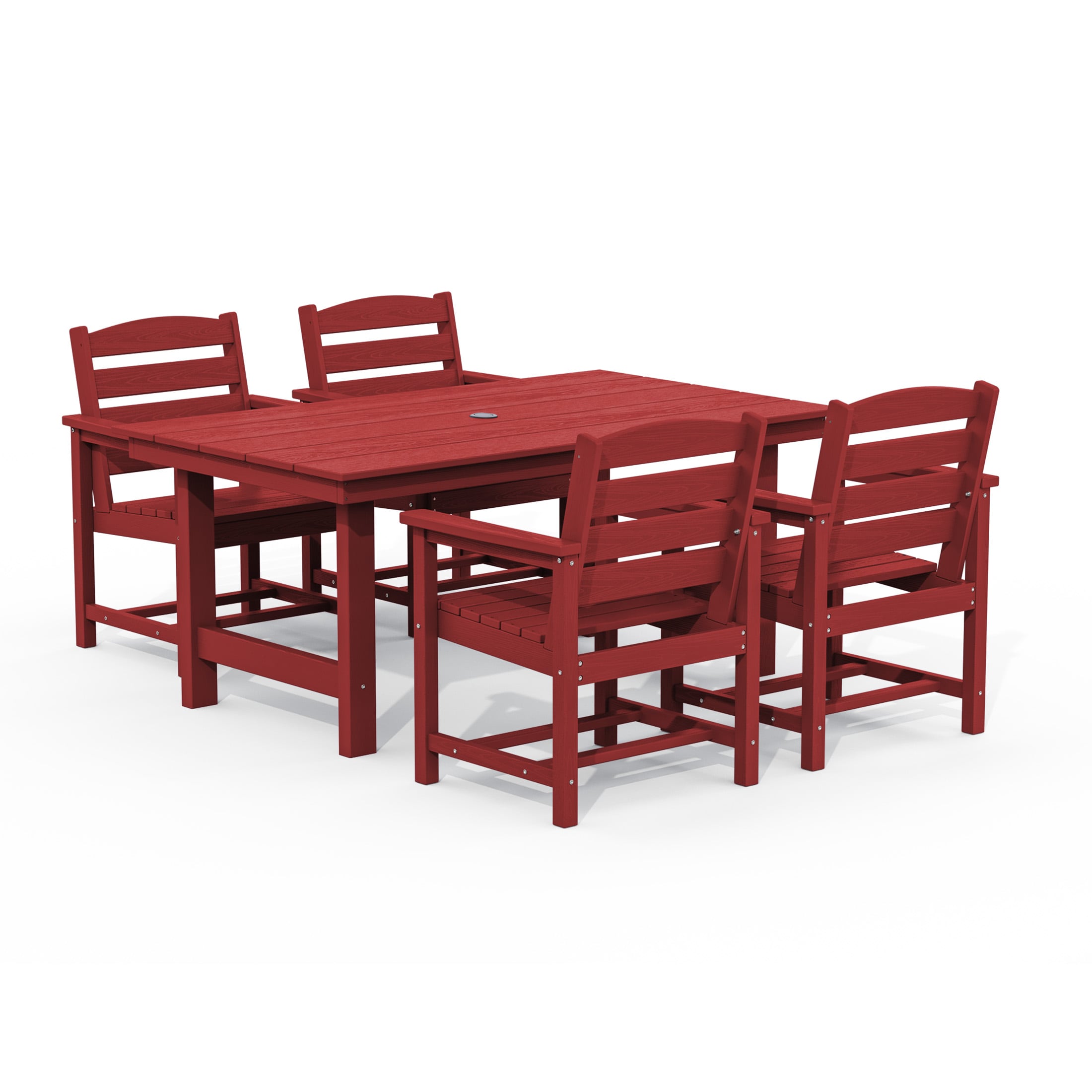 JEAREY PESFJJK-02-NG 5-Piece HDPE Outdoor Dining Table Sets with Umbrella Hole - 1-Table 4-Chairs 5 -Piece Red Patio Dining Set Plastic Rectangle Table with 4 Stationary Chairs