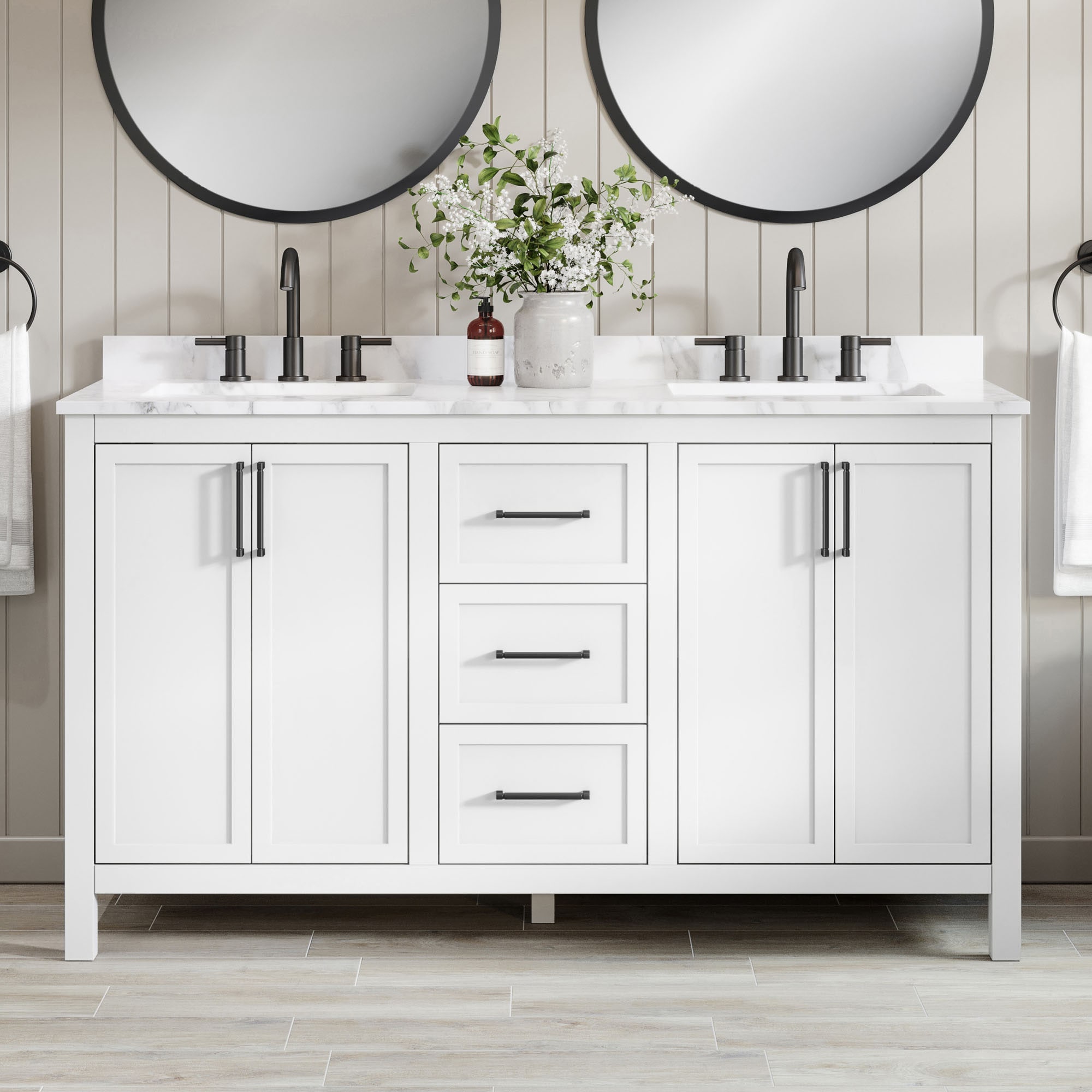 allen + roth LENOIR 60W Lenoir 60-in White Undermount Double sink Bathroom Vanity with White Engineered marble Top