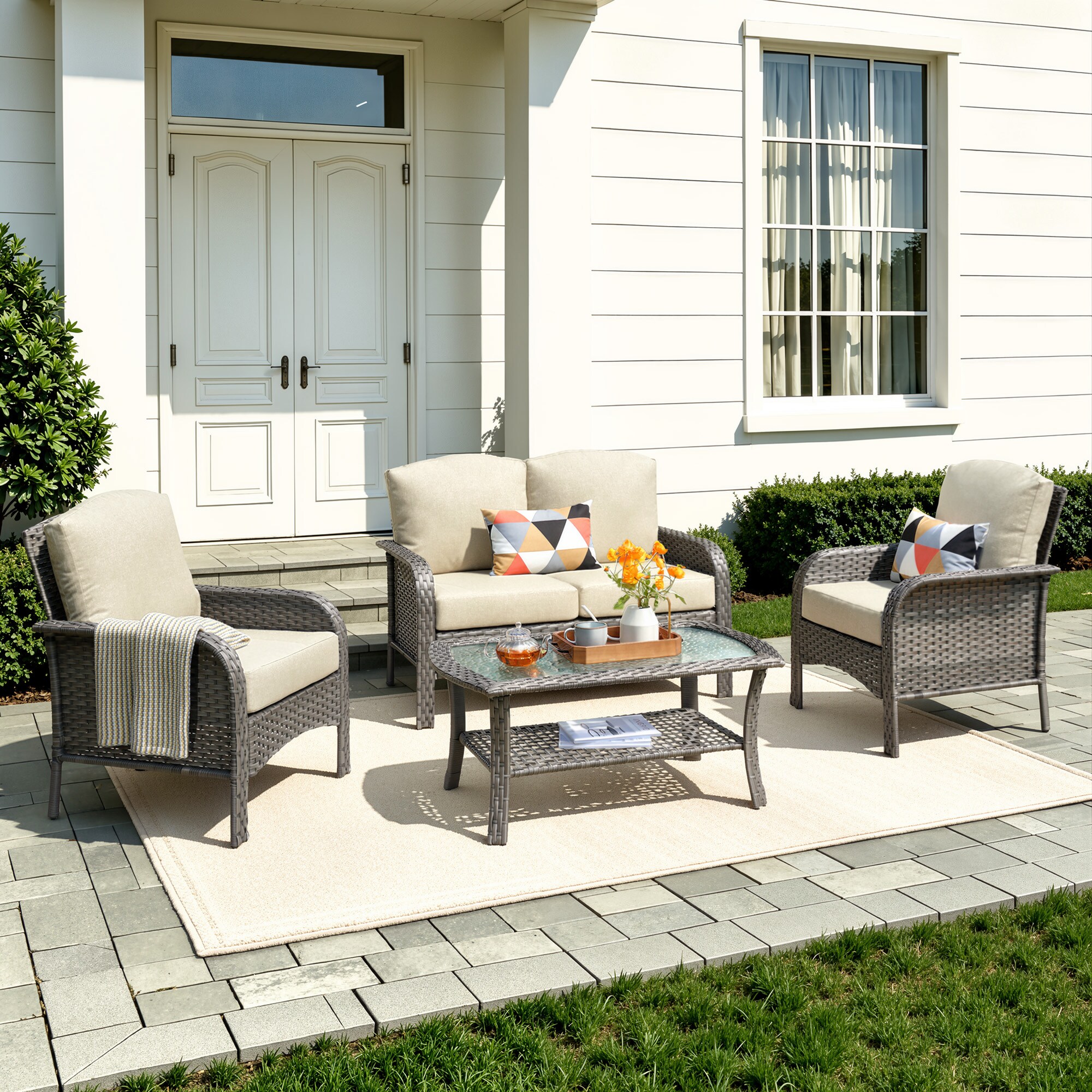 weaxty Initial 4 -Piece Wicker Patio Conversation Set with Off-white Cushions Included